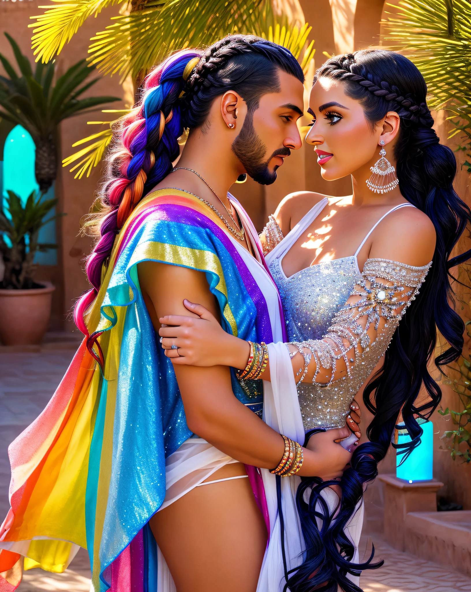 ((Ouarzazate in background)), (chefchaouen), (((riad))) photo, (((from behind))), ((hugging)), ((((1 man and 1 woman)))) sparkling splashing rainbows, curvy, (((clear straight even bright rainbow eyes))), (((super long hair))) (((viking braids))), flowing, glistening, iridescent sheer dress hooded kaftan abaya, riad fountain, glimmering, sweating, crystal jewels, melting, shimmering, rainbow hair, glowing flowers (masterpiece) (best quality) (detailed) (8k) (HDR) (wallpaper) (cinematic lighting) (sharp focus) (intricate) opalescent, Photoluminescence, treasure, mystical, fantasy, exotic lights, gems, (Moroccan candles), sunrays, ((desert oasis)), Ouzoud waterfalls, Tastir, arabesque, safi, (sanddunes), sand, palm trees, opalescent, Photoluminescence lights, (gems growing), glowing desert flowers, fantasy, clear, Cinematic RAW photo, hyper real photo, ultrarealistic, 8k uhd, dslr, soft lighting, high quality, film grain, Fujifilm XT3, photographed on a Kodak Retina II Sanyo Xacti VPC-CA6, 50mm lens, Wide Angle, HDR, hyper-realistic, colorgraded, volumetric lighting, [volumetric fog, moist], shallow depth of field, reflections, photo, (sparkling) splashing rainbows, glistening, (iridescent), glowing, glimmering, crystals, ((secret treasure in it)), mystical, enchanting, glittering, (1 Moroccan man), ( 1 white woman). mist, wish, (longing) (together love), ((true love)), romantic, (((riad bed))), ((((heterosexual relationship only)))), twinflame, soulmates, (1 male and 1 female), romantic,