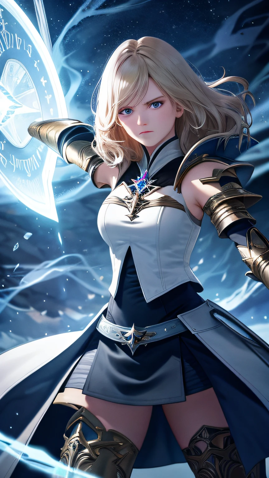 masterpiece, ultra high quality CG, best quality, perfect image, solo, Ashelia B'nargin Dalmasca, angry face, looking at viwer, holding a sword and shield, ice an fire, dinamic lights, maggic effects, chromatic aberration