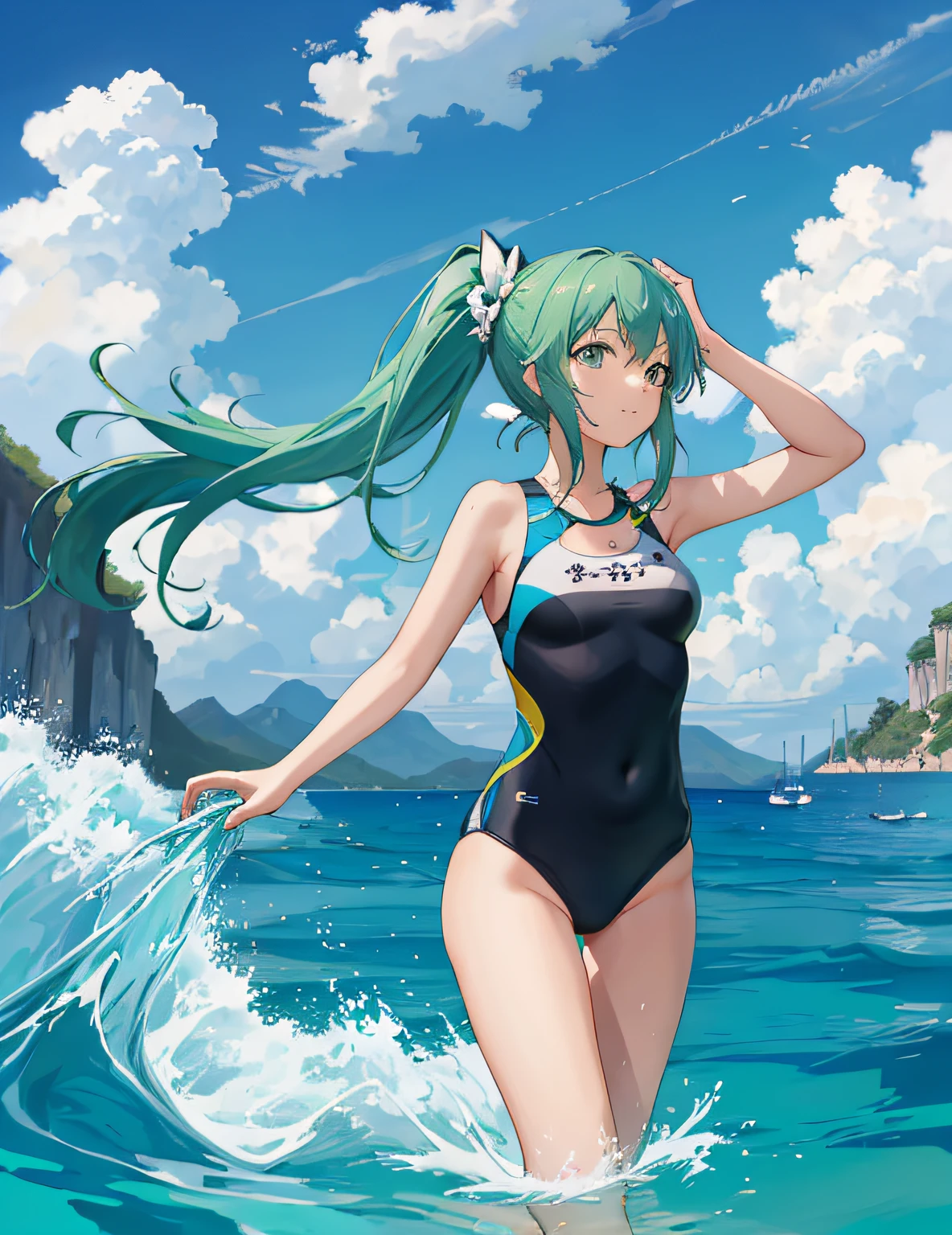 (((Masterpiece))),Superb Picture Quality,Ultra Detail,Ultra High Definition (((Masterpiece))),Superb Picture Quality,Ultra Detail,Ultra High Definition,Vacation,Cove,Sound of Waves,Blue Sky,Smile,Two Shot,Sister,(1 Girl),Sister,Ponytail,Green Hair,Competitive Swimsuit,Holding Up Your Hands,(2 girls),Sister,Twin Tails,Green Hair,Competitive Swimsuit,Holding Up Your Hands,Summer,Lots of blue flowers、Beautiful sky,Thin outline,Light reflection,