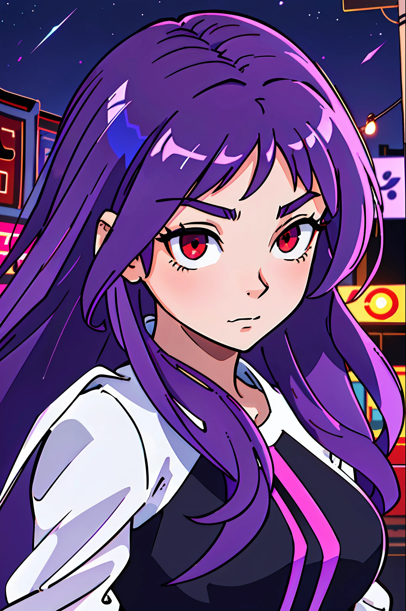 (best quality: 0.8), (best quality: 0.8), perfect anime illustration, close-up portrait of a beautiful woman walking around town (very long purple hair), (super detailed), (red eyes), (neon night)