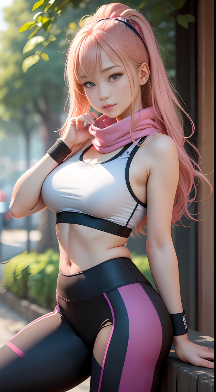 Chinese Girls，raw photo, best quality, photorealistic,a girl,b size cup,smile,ash blonde or ginger or pink hair, comfortable yoga pants, high-waisted leggings made from a breathable and moisture-wicking fabric,supportive and comfortable sports bra,accessories like a lightweight scarf  headband or wristband,Clear facial features。 --auto --s2