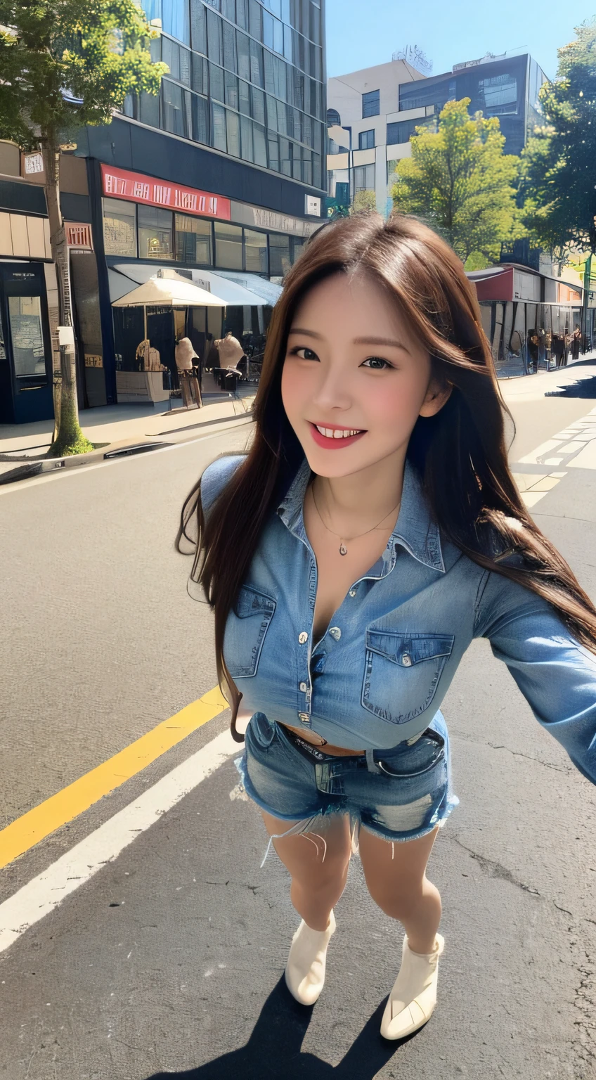 ((Best quality, 8k, Masterpiece :1.3)), Sharp focus :1.2, A pretty woman with perfect figure :1.4, Slender abs :1.2, ((Dark brown hair, Big breasts :1.2)), (White button up long shirt :1.1), City street:1.2, Highly detailed face and skin texture, Detailed eyes, Double eyelid, ((((1500m giant girl)))), one girl, (full body), happy, smiling,, (Gigantic breast)))), (if you look up at the girl from your feet, perspective, from below), (towering body, Towering legs))), (girl on the city in miniature, skyscraper),