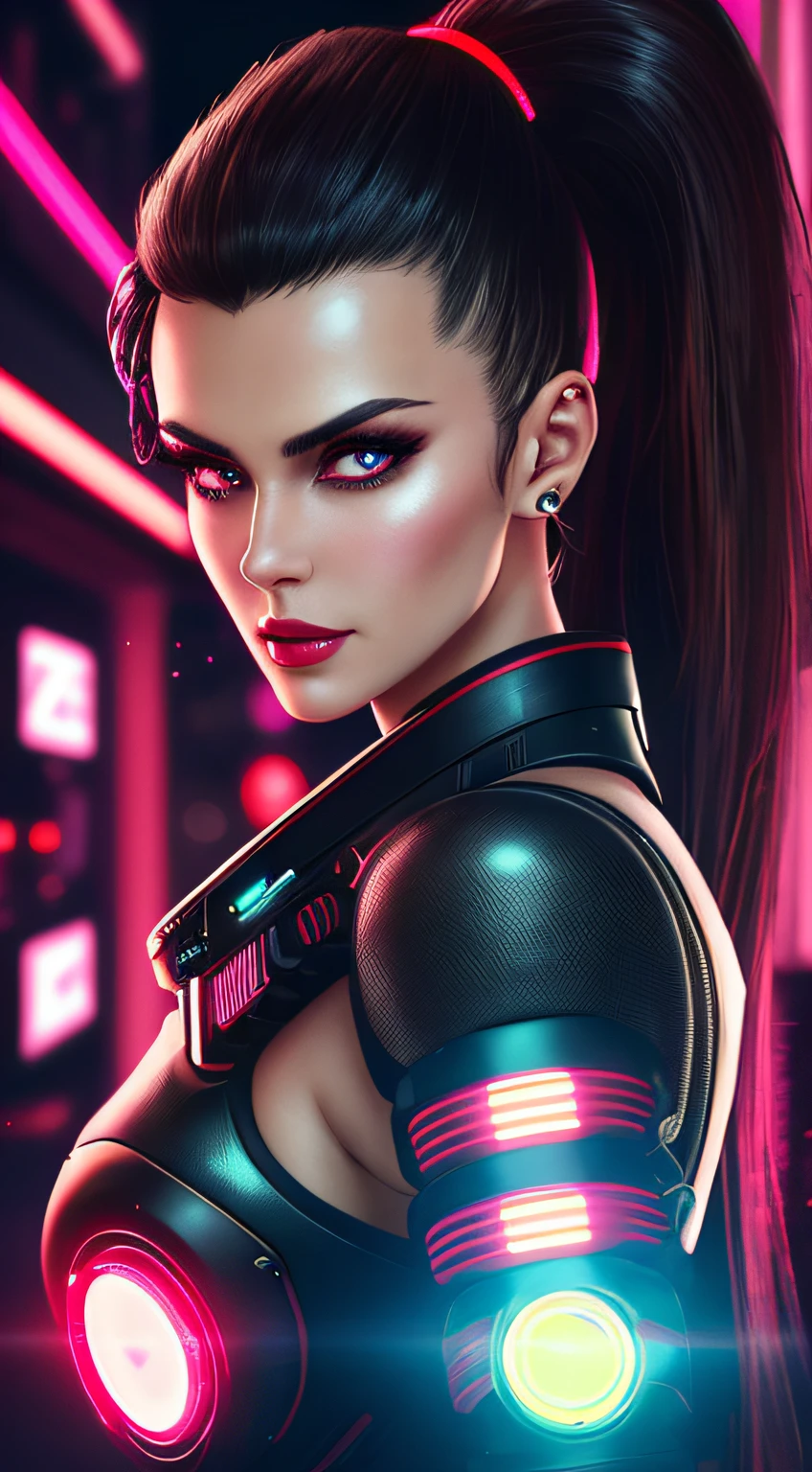 midshot of 1 stuningly beautiful brunette brown-eyed woman with one high ponytail, red glossy lips, neon lights, futuristic, cyborg implants, inspired by cyberpunk 2077, highly intricate image, detailed background, bold neon lights, backlights, dark ambient, 32k resolution, higher quality, (super huge breast: 1.6)
