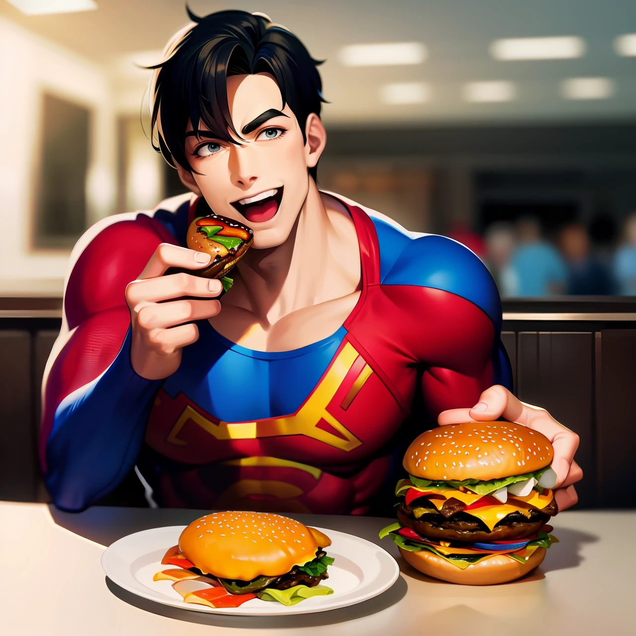 Superman eating a burger