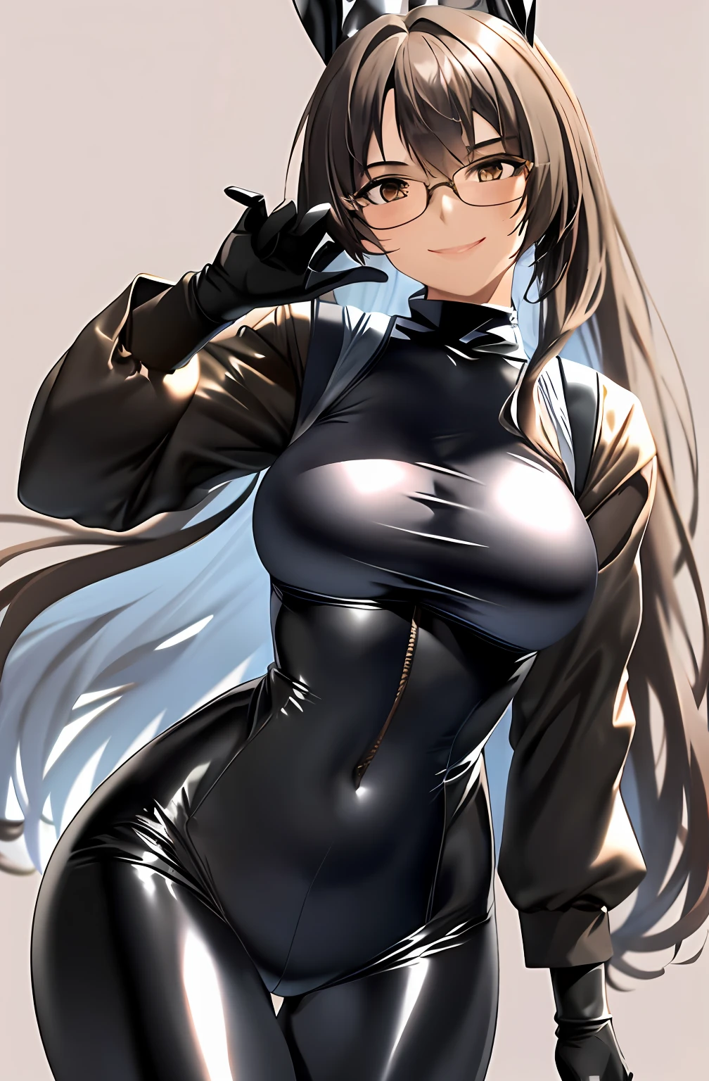 Mia Khalifa, 1girl, arms up, blush, bodysuit, breasts, bunny pose, clothes writing, covered navel, cowboy shot, cropped jacket, gloves, grey background, impossible bodysuit, impossible clothes, jacket, large breasts, latex, latex bodysuit, long hair, long sleeves, looking at viewer, large breasts, open mouth, bodysuit, black jacket, shiny clothes, shrug \(clothing\), simple background, skin tight, smile, solo, thigh gap, thighs, black gloves,(masterpiece:1.4),(best quality:1.4),(shiny skin),realistic,