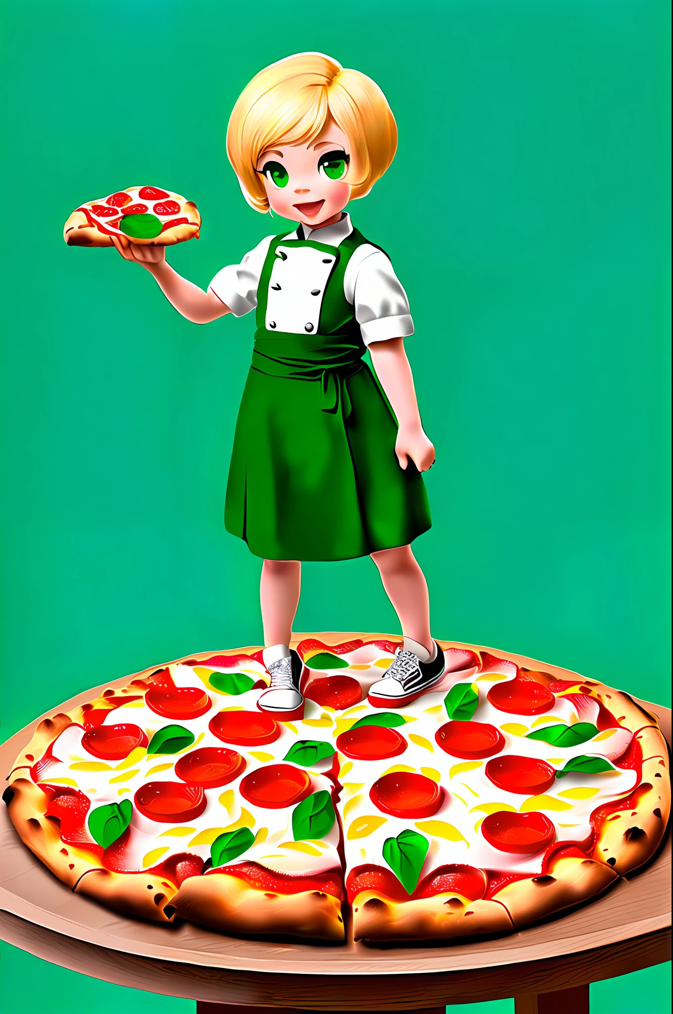 modern disney style, beautiful blonde with cute (straight short hair), (green eyes) (full body portrait), (with chef's clothes) (white shoe) (holding a peperoni pizza disc) highly detailed hands, daylight, (blurred white background), WLOP, Rossdraws, ArtStation, CGSociety, concept art, cgsociety, octane render, trend in artstation, artstationHD, artstationHQ, unreal engine, 4k, 8k
