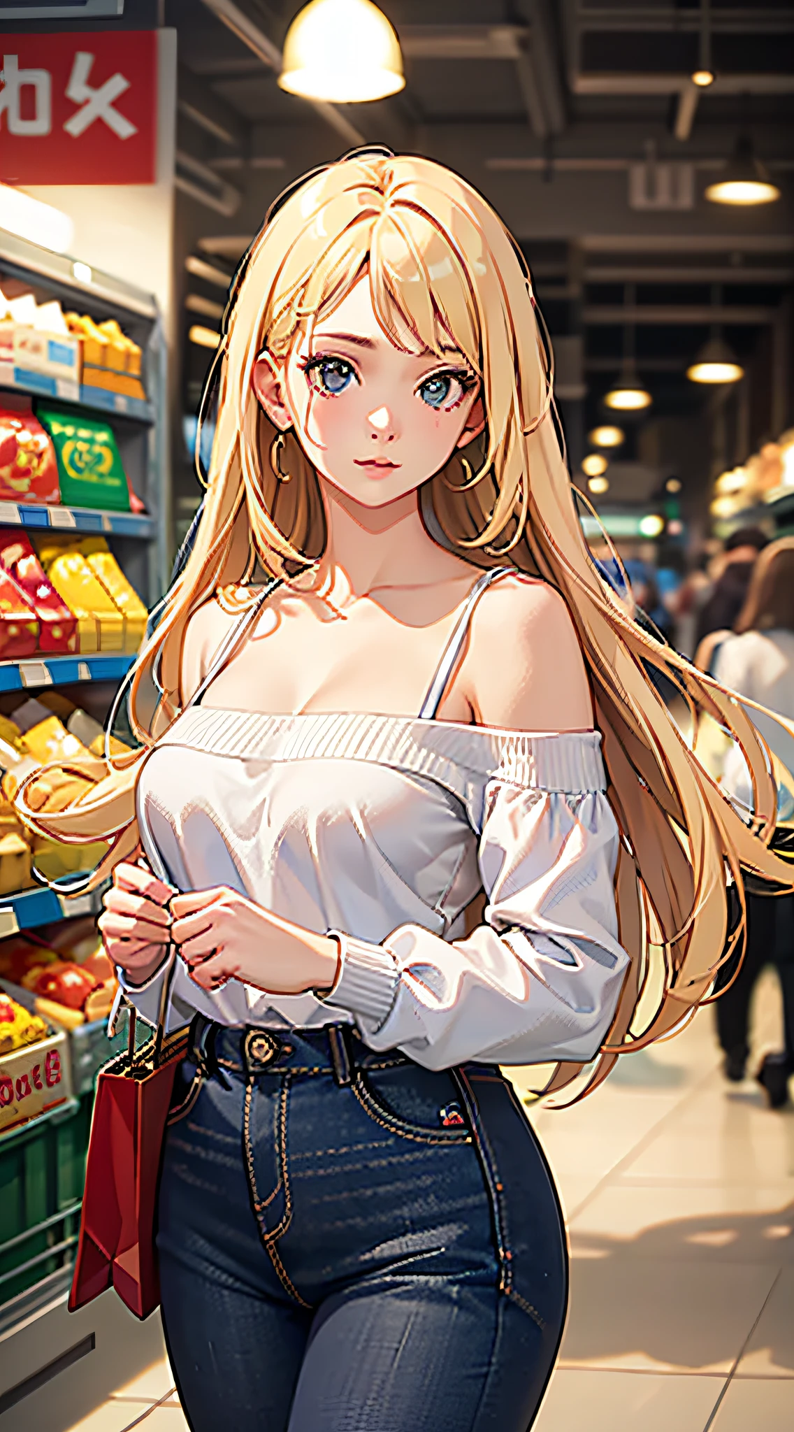 Best quality, masterpiece, ultra high res, (photorealistic:1.4), raw photo, 1girl, blonde hair, off shoulder, casual outfit, supermarket, cinematic lighting, depth of field