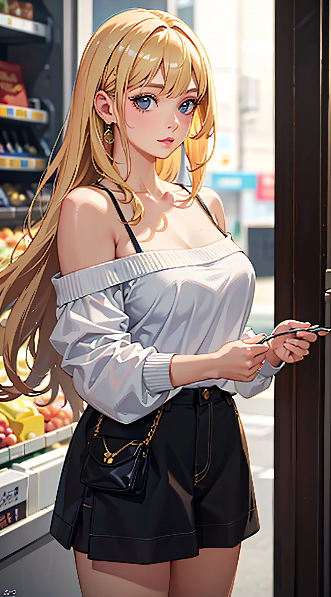 Best quality, masterpiece, ultra high res, (photorealistic:1.4), raw photo, 1girl, blonde hair, off shoulder, casual outfit, supermarket, cinematic lighting, depth of field