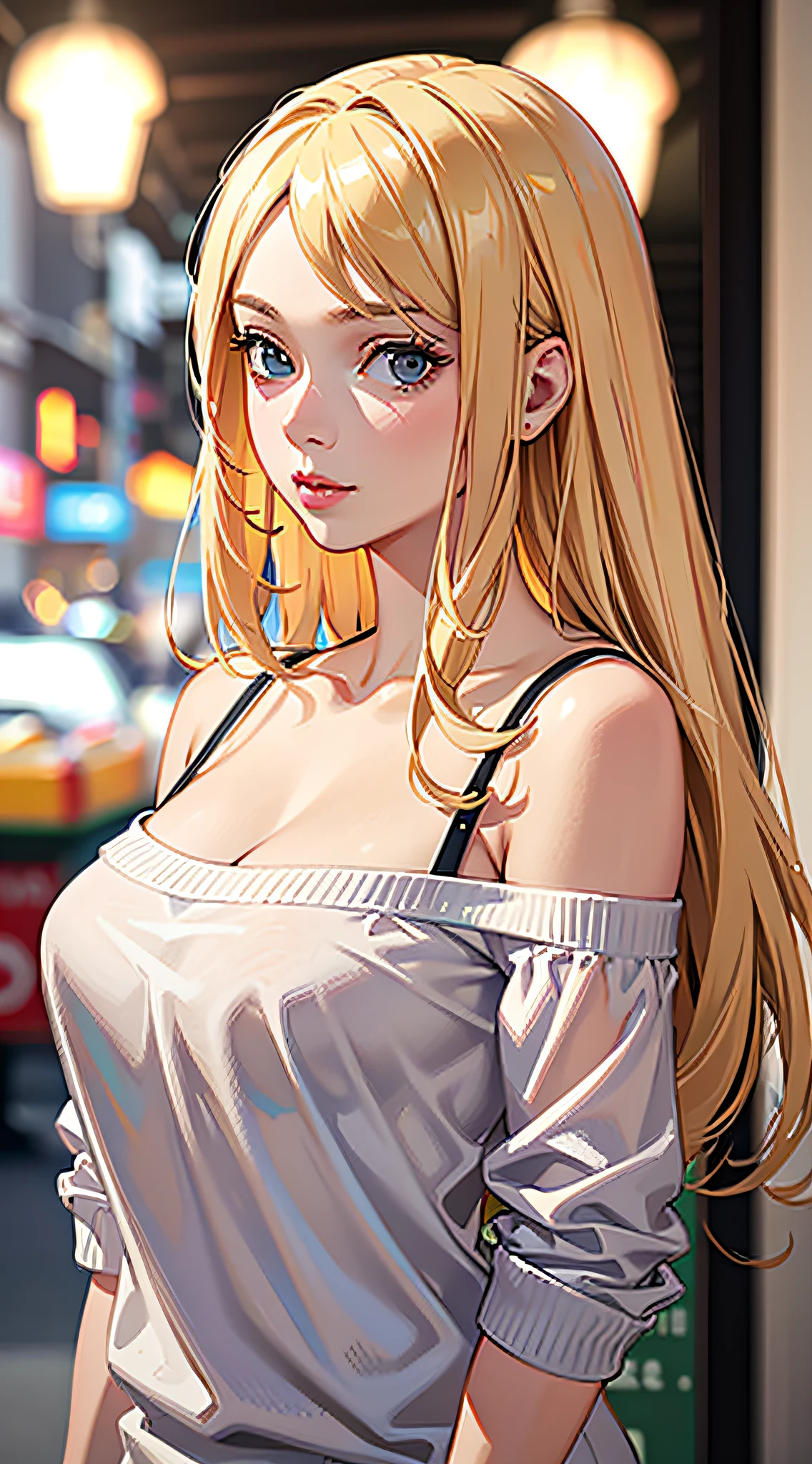 Best quality, masterpiece, ultra high res, (photorealistic:1.4), raw photo, 1girl, blonde hair, off shoulder, casual outfit, supermarket, cinematic lighting, depth of field