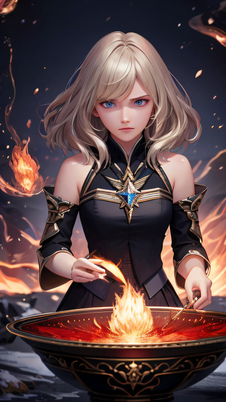masterpiece, ultra high quality CG, best quality, perfect picture, solo, Ashelia B'nargin Dalmasca, angry face, looking at viwer, ice an fire magics, casting a spell, dinamic lights, maggic effects, chromatic aberration, depth of field,