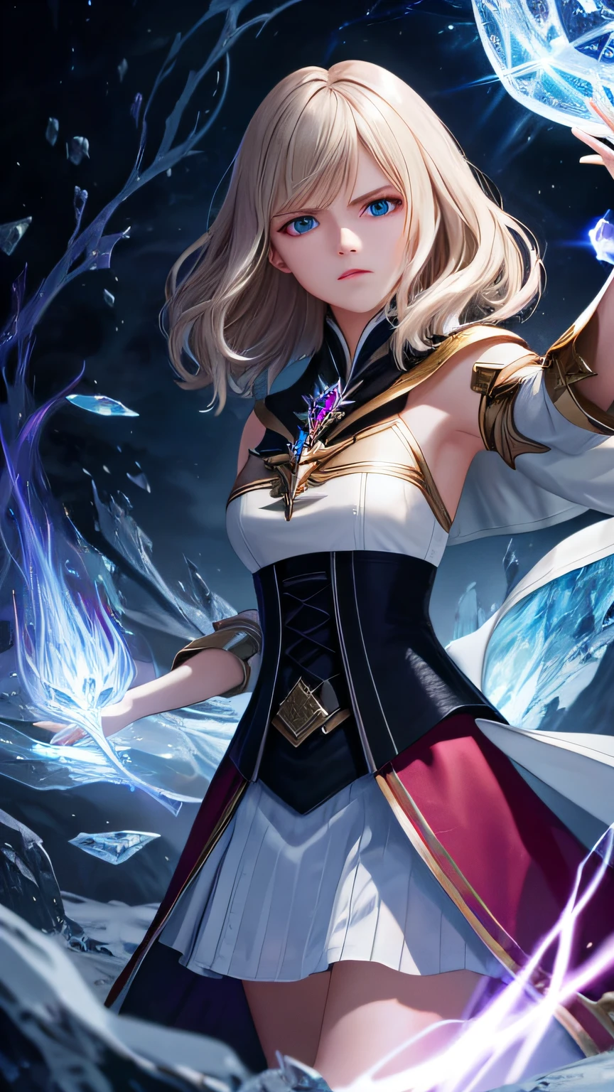 masterpiece, ultra high quality CG, best quality, perfect picture, solo, Ashelia B'nargin Dalmasca, angry face, looking at viwer, ice an fire magics, casting a spell, dinamic lights, maggic effects, chromatic aberration, depth of field,