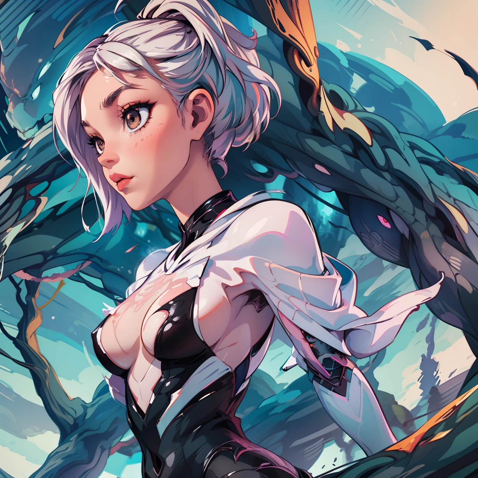 Ghost Spider, character sheet, different angles, girl. Gwen Venom symbiote suit, black with spider in the center of her chest in white, organic looking outfit, sticky forehead, symbiote, white eyes, fine art, PS5 cinematic screenshot, highly detailed cinematic rendering, ultra photorealistic raytricing, with cinematic lighting
