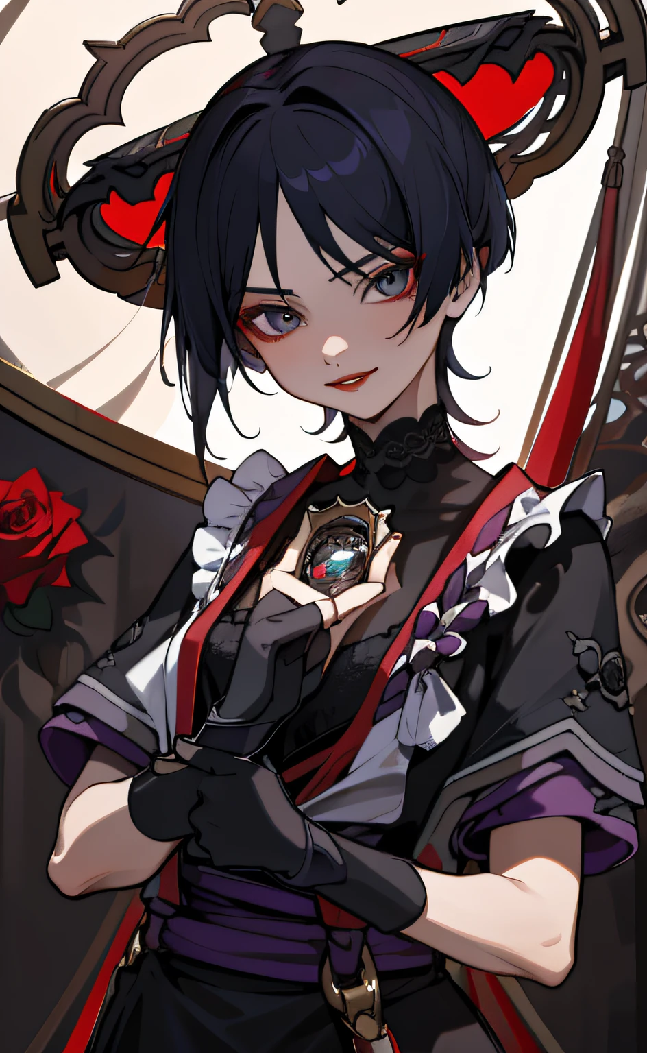 (masterpiece), (best quality), (ultra detailed), Scaramouche(Wanderer), front looking, looking at viewer, upper body, flowing colors, red, maid costume, roses, black dress, black lace, lace on the head, window background, red lipstick