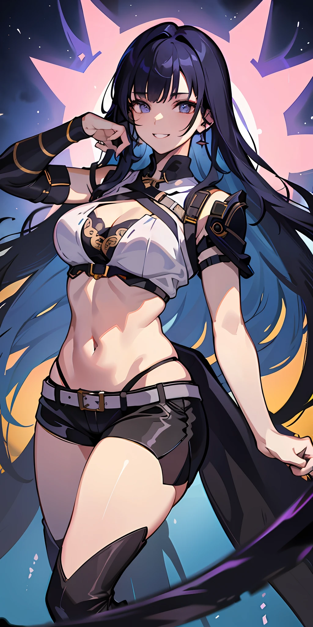 (Masterpiece: 1.6, Best Quality), (Fine and Beautiful Eyes: 1.2), (Overhead), High Quality, Beautiful Face, 1girl, Wide Shot, Black Crop Top, Tecateca Leather Tecateca Shorts, Long Leather Jacket, Open Shoulders, Big Tits, Long Hair, Wide Hips, (Sideways, ), Street, Background, Detail Background, Spooky grin, Angled laughter at the corners of the mouth,