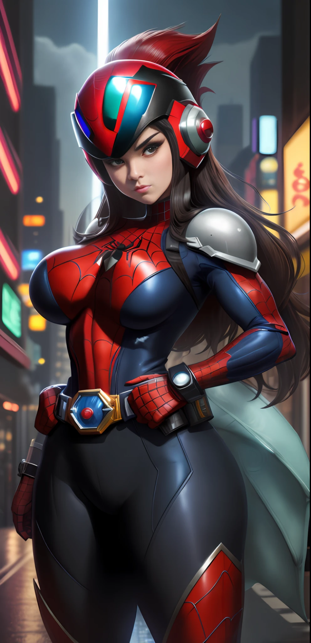 Image with full resolution/quality/sharpness/body within the dimensions of the image, Unreal Engine 5/Power Rangers/Tokusatsu/Mortal Kombat/Super Metroid, Cartoon/Disney/Dragon ball/Style, ((1/Woman/big breasts1/helmet/belt/Mega Man-X/Kamen Rider/Spiderman)), mohawk long hair, looking at the viewer, pose, City at night shower strongly.