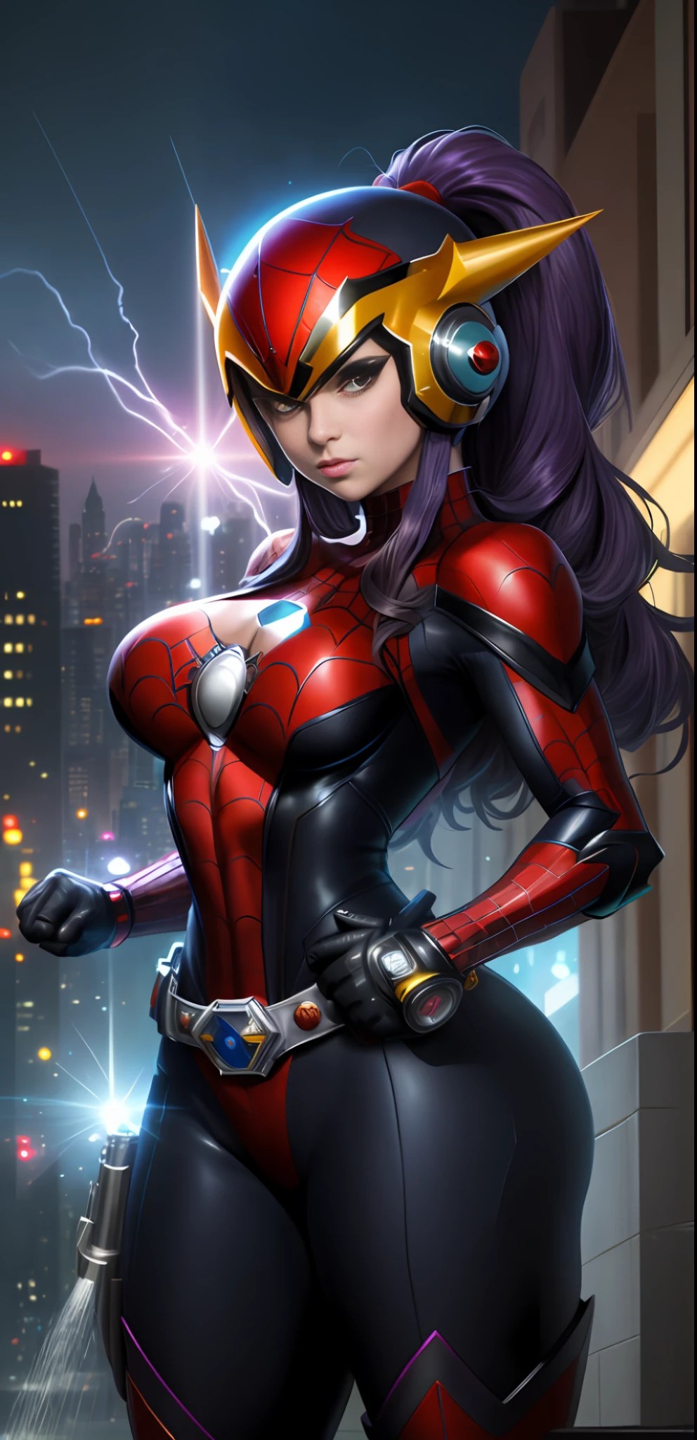 Image with full resolution/quality/sharpness/body within the dimensions of the image, Unreal Engine 5/Power Rangers/Tokusatsu/Mortal Kombat/Super Metroid, Cartoon/Disney/Dragon ball/Style, ((1/Woman/big breasts1/helmet/belt/Mega Man-X/Kamen Rider/Spiderman)), mohawk long hair, looking at the viewer, pose, City at night shower strongly.