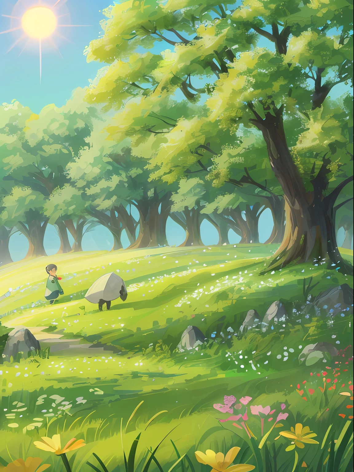 During the first solar term of spring, the earth begins to awaken and the grass and trees begin to sprout. The sun is shining, the grass is green on the grassland, the flowers are slowly blooming due to the sunlight, noise illustration, Chinese elements, with good particle texture, high detail, super detail, super resolution