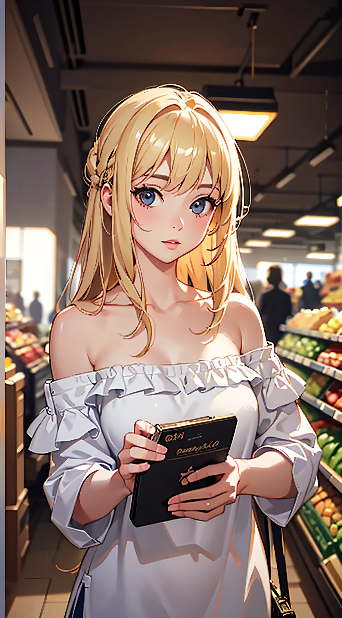 Best quality, masterpiece, (very detailed CG unified 8k wallpaper), (best quality), (best illustration), (best shadow), ultra high res, (photorealistic:1.4), raw photo, 1girl, blonde hair, off shoulder, casual outfit, supermarket, cinematic lighting, depth of field