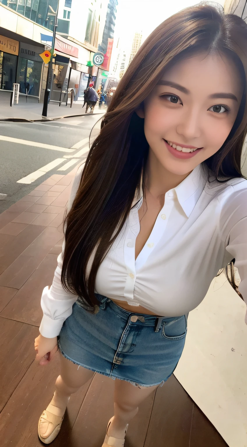 ((Best quality, 8k, Masterpiece :1.3)), Sharp focus :1.2, A pretty woman with perfect figure :1.4, Slender abs :1.2, ((Dark brown hair, Big breasts :1.2)), (White button up long shirt :1.1), City street:1.2, Highly detailed face and skin texture, Detailed eyes, Double eyelid, ((((1500m giant girl)))), one girl, (full body), happy, smiling,, (Gigantic breast)))), (if you look up at the girl from your feet, perspective, from below), (towering body, Towering legs))), (girl on the city in miniature, skyscraper),