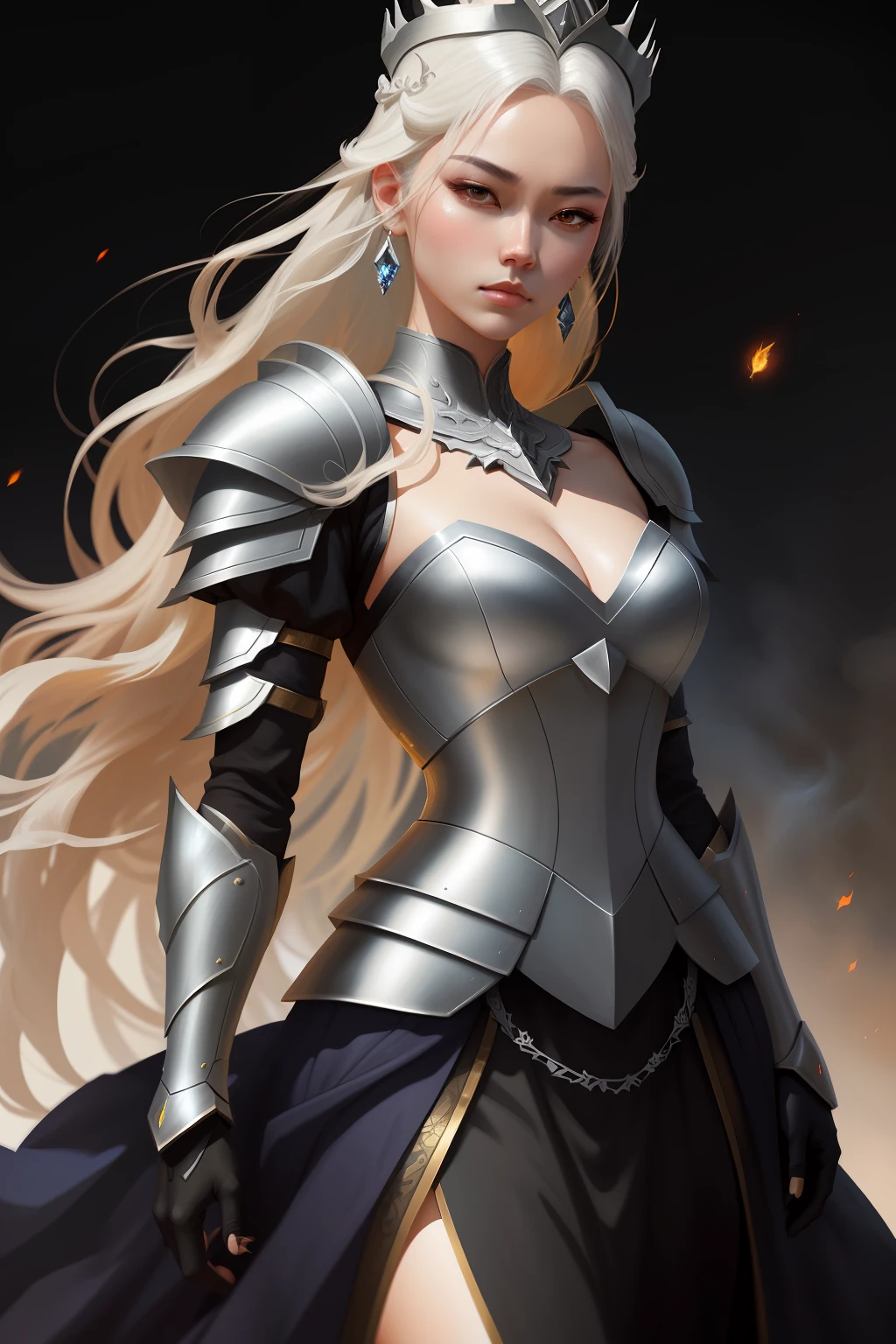 One Full body of a woman, looking fierce, in a silver and white dress, chengwei pan on artstation, by Yang J, detailed fantasy art, stunning character art, fanart best artstation, epic exquisite character art, beautiful armor, extremely detailed artgerm, detailed digital anime art, artgerm on artstation pixiv, armor girl, fire and smoke background
