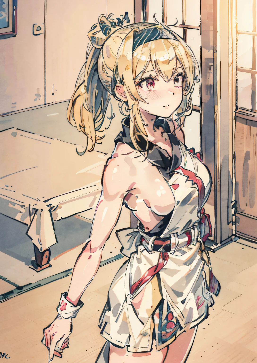 high ponytail,blonde hair ,hair ornament,adorable girl,stand,indoor,incredibly_absurdres,an extremely delicate and beautiful,1girl,game_cg,JK,medium breast,nose blush ,arms behind back sv98