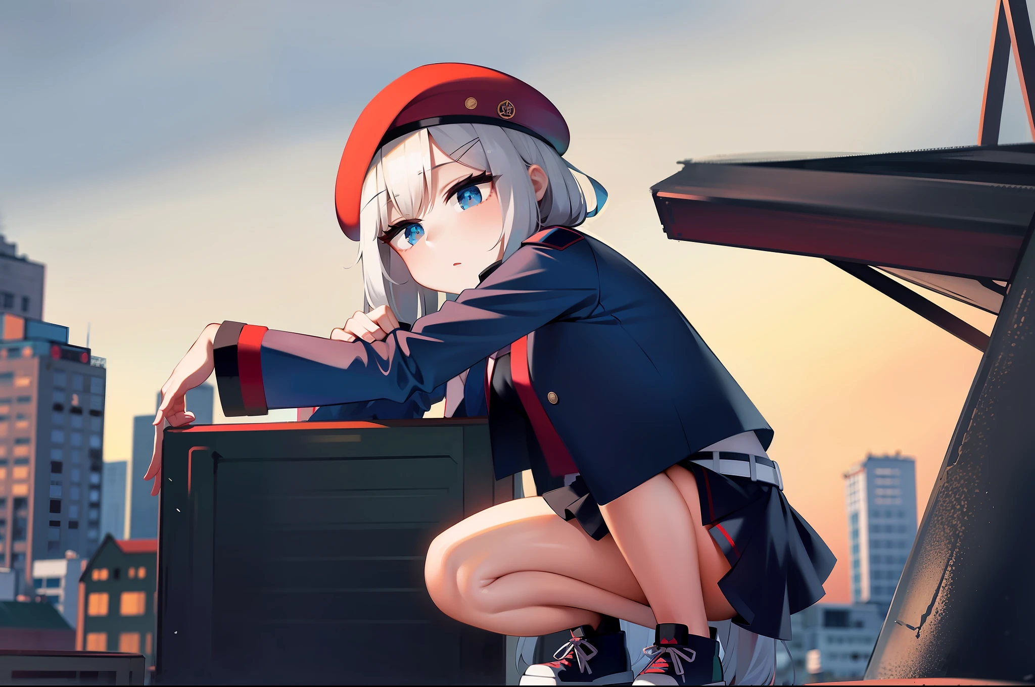 1girl,solo,beret,adidas,slav squatting,in ruins,legs apart,squatting,city background,cowboy shot,