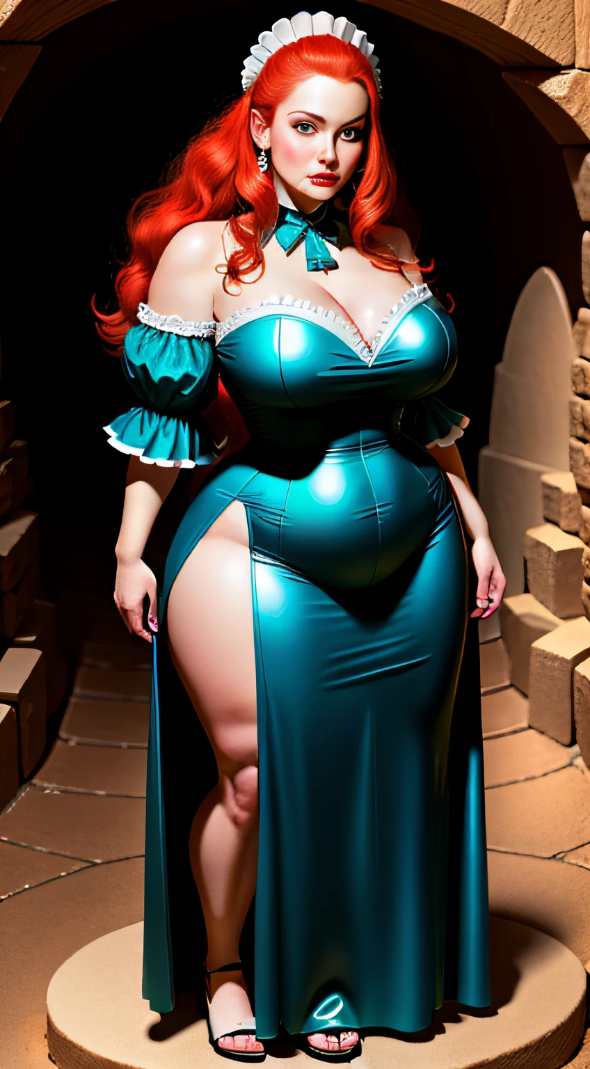 ((Full body photo of a woman dressed as a maid and an old man)). "She has red hair, green eyes, immensely large breasts, a maid's headdress on her head, extremely tight clothes on her body and is extremely exhibitionist", "he is bald, strong body wearing, is wearing teddy bear pajamas in blue, is holding the woman brings it with force". "She has a flushed face, heavy makeup on her face, red lipstick", both of them are inside a cave lit by candles, anime, anime style, Pixar, 16k, highres, best quality, award winning, textured skin, UHD, masterpiece, retina, anatomically correct