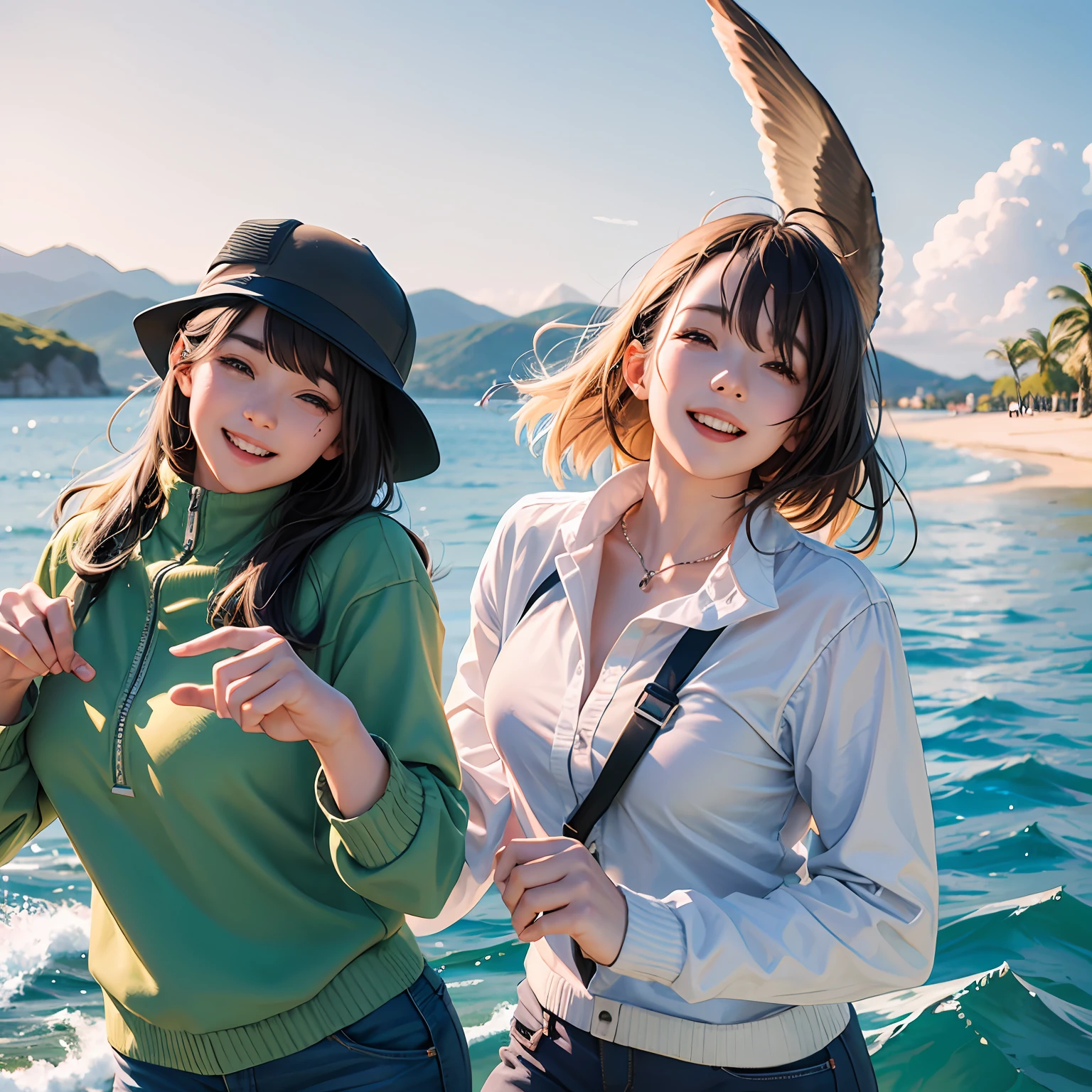 Two female college students, standing by the sea playing in the water, smiling happily --auto --s2