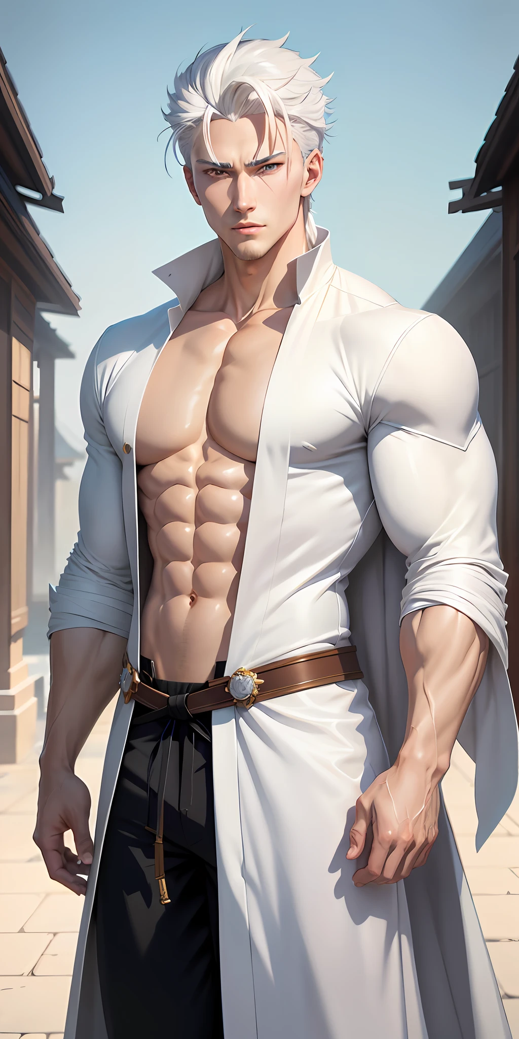 anime - style image of a man with white hair and a white robe, detailed anime character art, detailed digital anime art, detailed key anime art, handsome guy in demon slayer art, shirtless :: high detail, male anime character, highly detailed exquisite fanart, handsome anime pose, clean detailed anime art, white loincloth, human male character art, detailed anime artwork