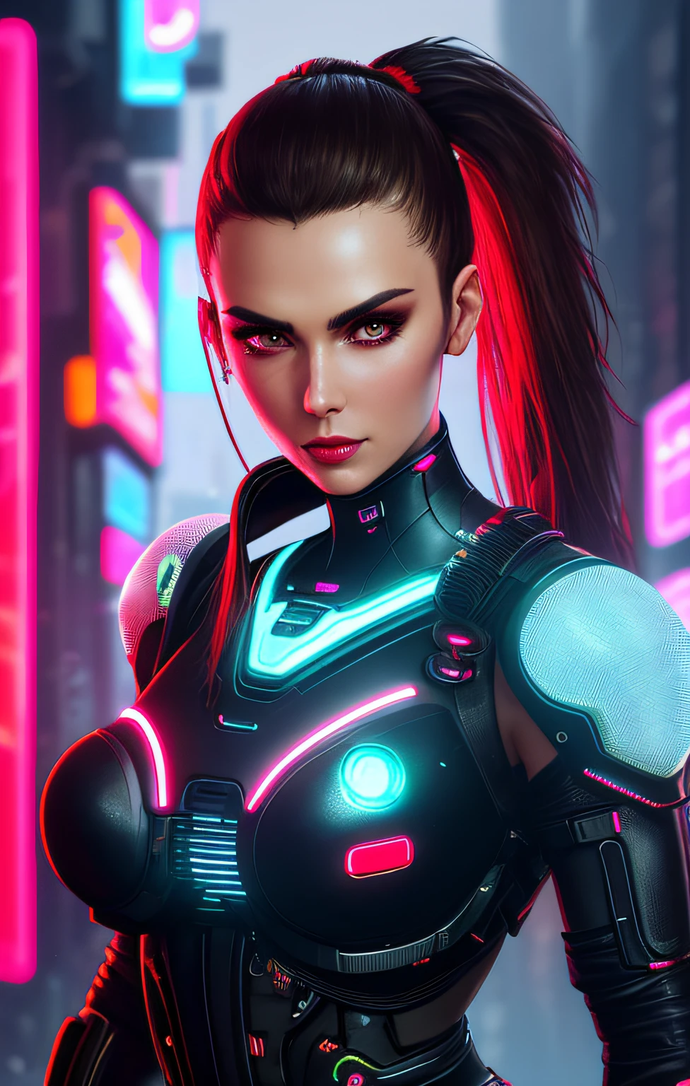 midshot of 1 stuningly beautiful brunette brown-eyed woman with one high ponytail, red glossy lips, neon lights, futuristic, cyborg implants, inspired by cyberpunk 2077, highly intricate image, detailed background, bold neon lights, backlights, dark ambient, 32k resolution, higher quality, (super huge breast: 1.9)