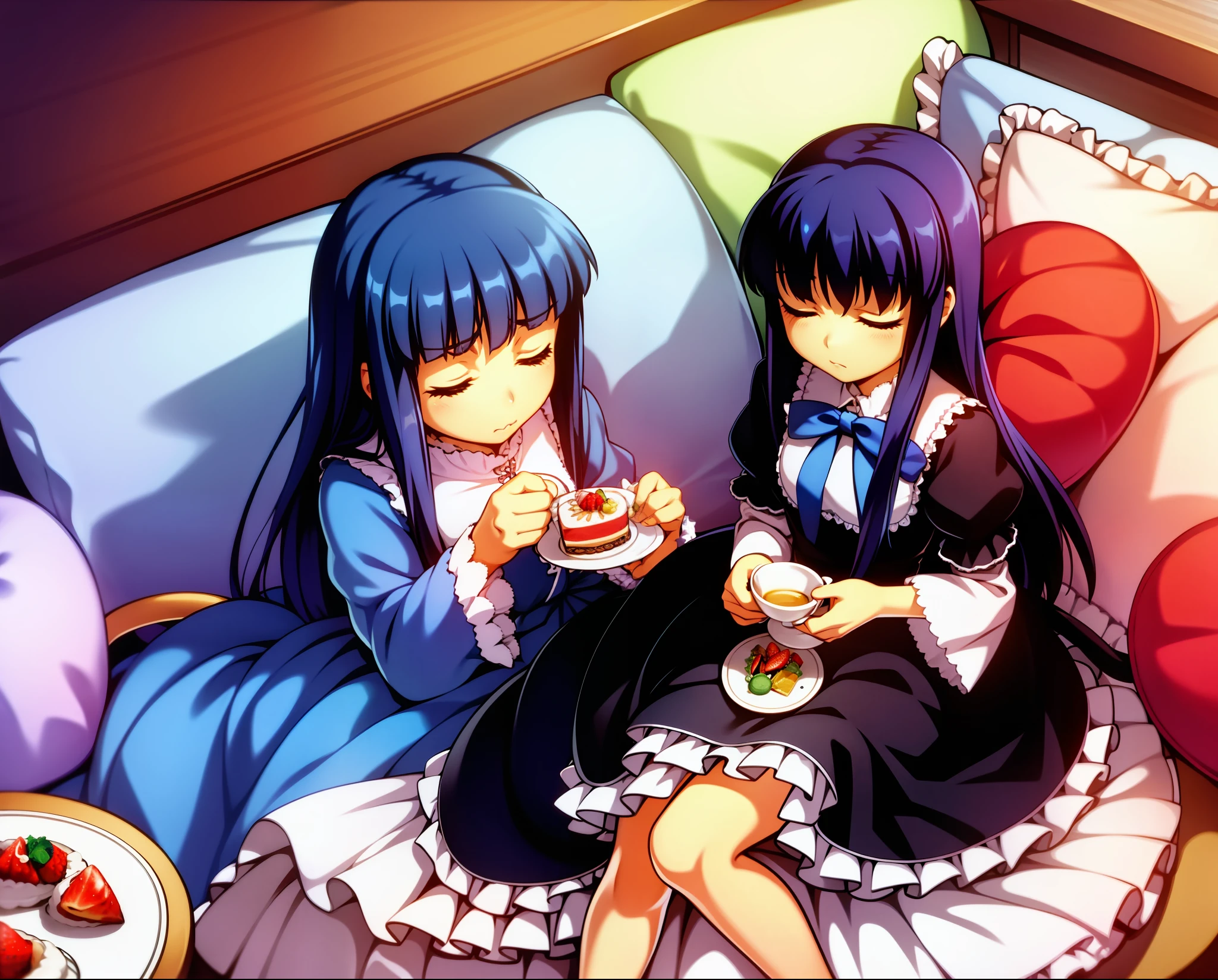 1girl, frederica bernkastel, bed, blue hair, cake, bow, cake slice, cat tail, closed eyes, cup, cushion, dress, food, heart pillow, long hair, mug, pastry, pillow, plate, sitting, solo, strawberry shortcake, tail, tea, teacup, teapot, tiered tray, bikini