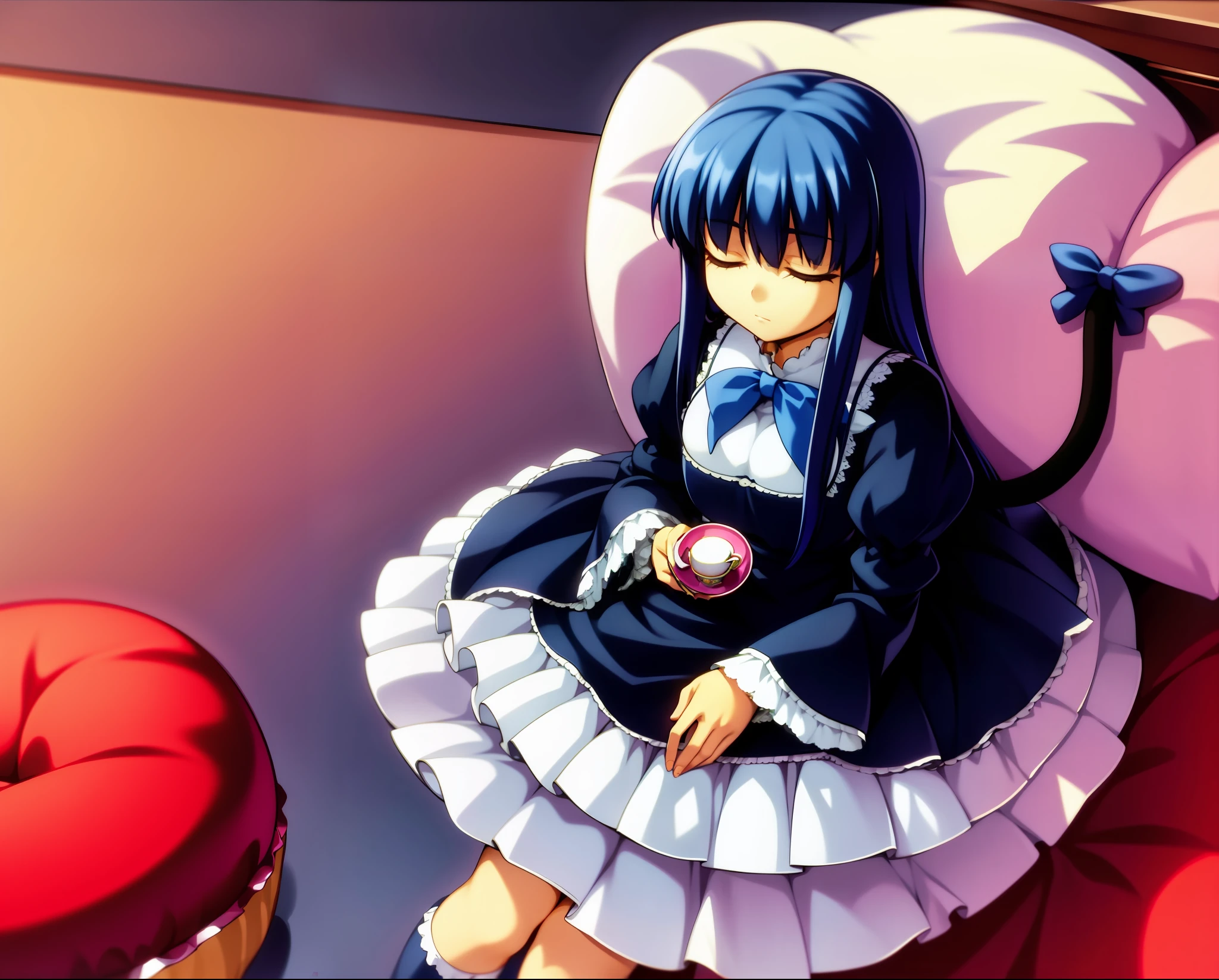 1girl, frederica bernkastel, bed, blue hair, cake, bow, cake slice, cat tail, closed eyes, cup, cushion, dress, food, heart pillow, long hair, mug, pastry, pillow, plate, sitting, solo, strawberry shortcake, tail, tea, teacup, teapot, tiered tray, bikini