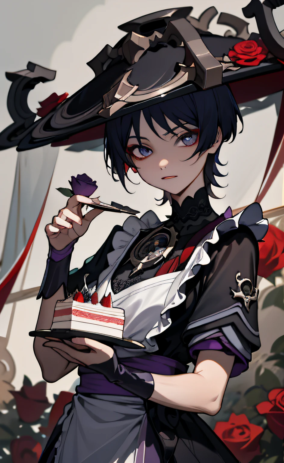 (masterpiece), (best quality), (ultra detailed), Scaramouche(Wanderer), front looking, looking at viewer, upper body, red, maid costume, roses, white dress, black lace, cake
