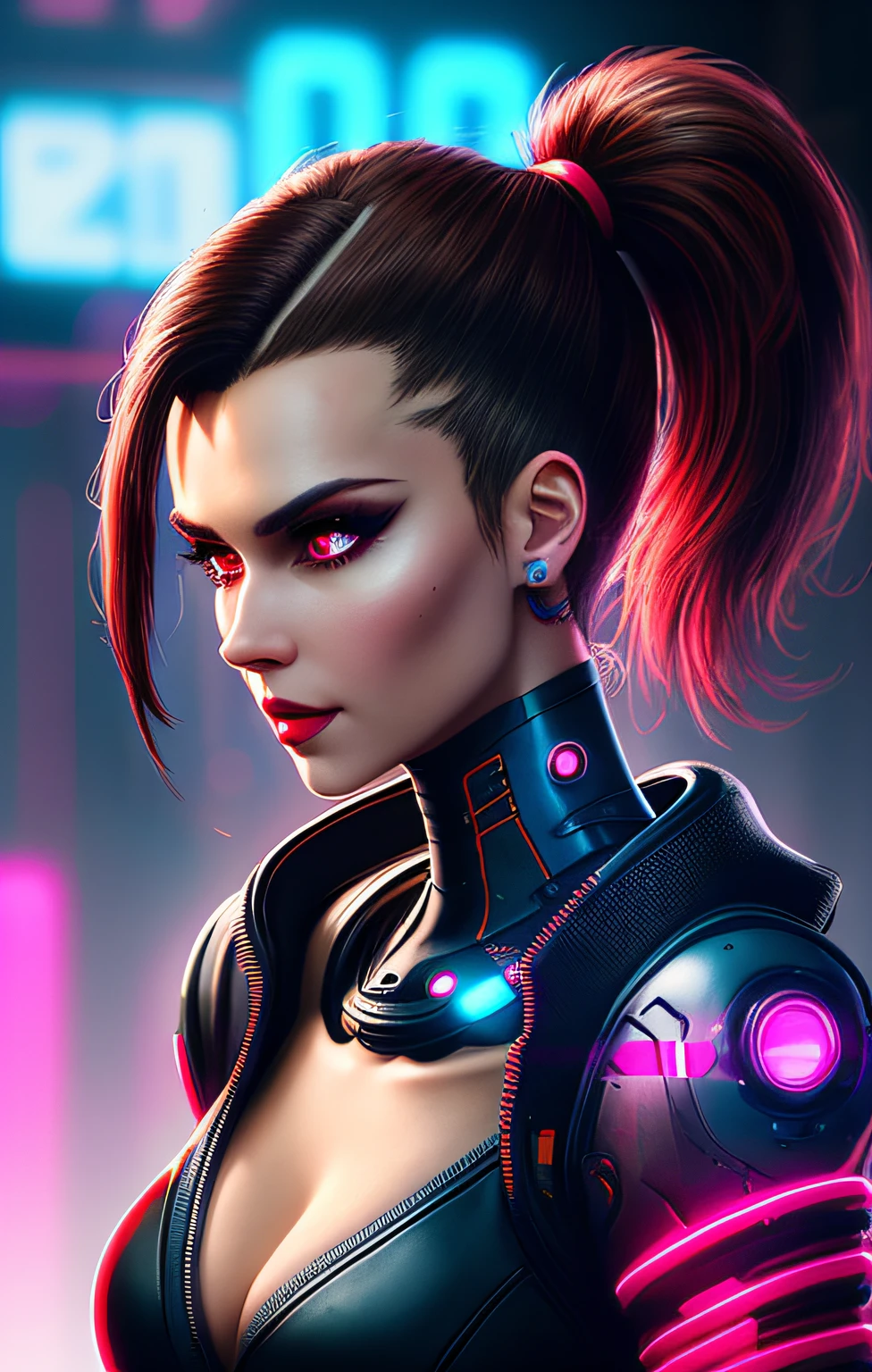 midshot of  1 stuningly beautiful brunette brown-eyed woman with one high ponytail, red glossy lips, neon lights, futuristic, cyborg implants, inspired by cyberpunk 2077, highly intricate image, detailed background, bold neon lights, backlights, dark ambient, 32k resolution, higher quality, (super huge breast: 1.9)