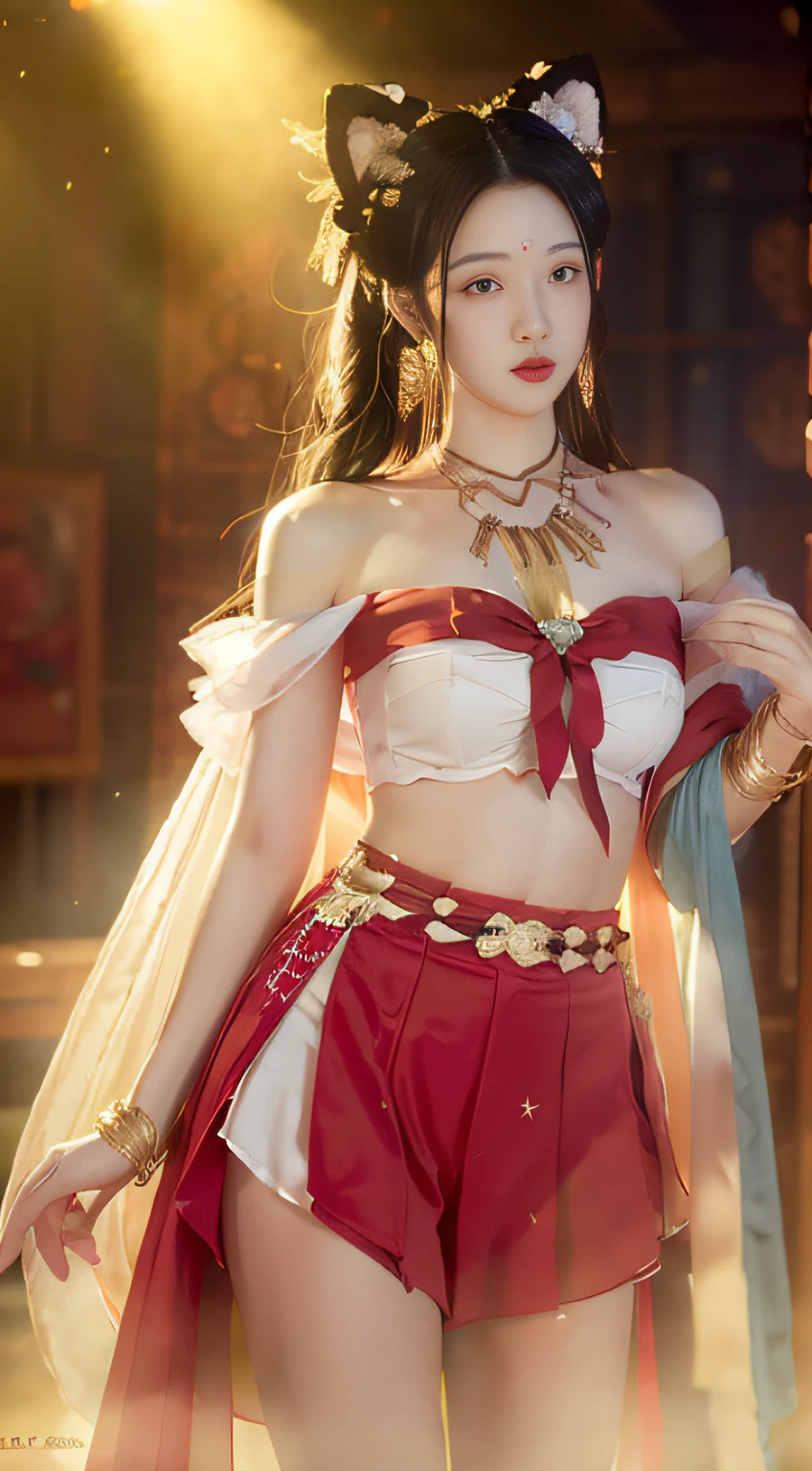 (8k, RAW photo, best quality, masterpiece:1.2), (realistic, photo-realistic:1.4), (extremely detailed CG unity 8k wallpaper), (1 girl:1.5), white Samoyed dog western beauty, (red clothes: 1.4), red spots on forehead, pale skin, blush, big eyes, full body, thighs, open navel, gold waist chain, gold ornaments, flying ribbons, particles, Furry hair increases its cuteness!