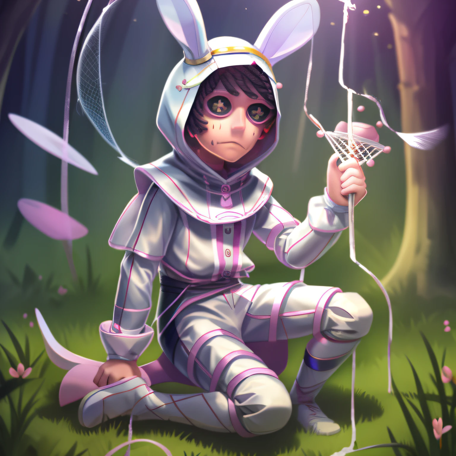Masterpiece, high quality, young boy, holding a bug net, white costume with hood with rabbit ears, long socks with pink and white stripes, facing the front, looking at the camera, full body, center of the screen