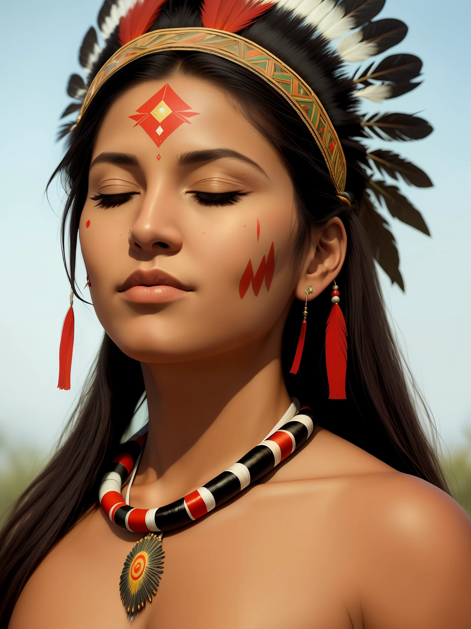 Indigenous, Brazilian, shaman, mystic, head tilted upwards, (eyes closed, serene expression), calm, meditating, white headdress, black and red: 0.33, coral snake wrapped around neck, realistic skin texture, sharp focus, volumetric lighting, good highlights, good shading, subsurface scattering, intricate, highly detailed, ((cinematic)), dramatic, (highest quality, award-winning, masterpiece:1.5), (photorealistic: 1.5), (intricate symmetrical warpaint:0.5),