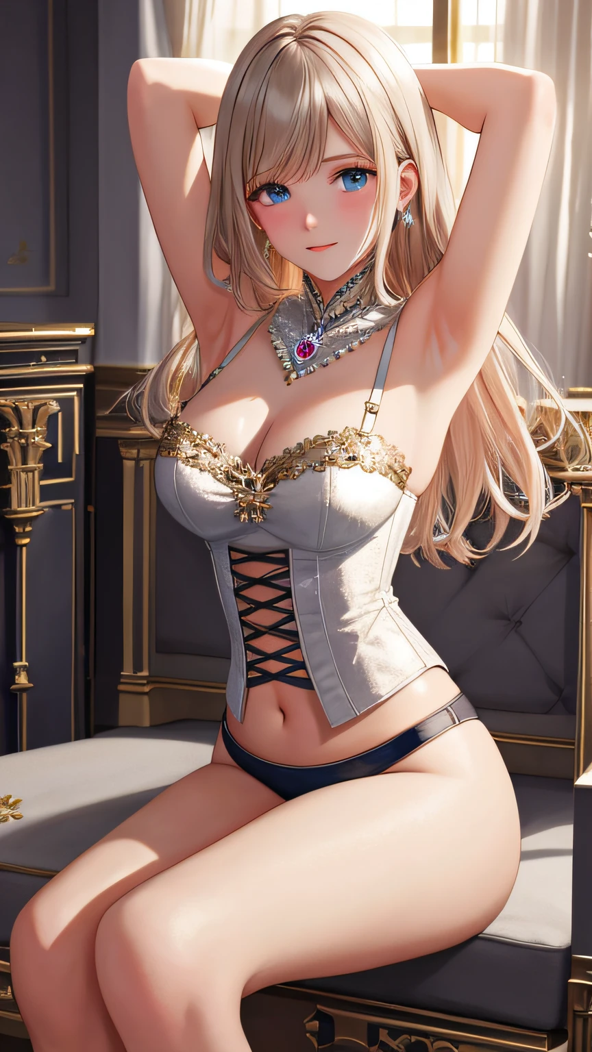 masterpiece, ultra high quality CG, best quality, perfect picture, solo, Ashelia B'nargin Dalmasca, blushing, wearing a sexy lingerie and bustier, arms up, armpit, royal room