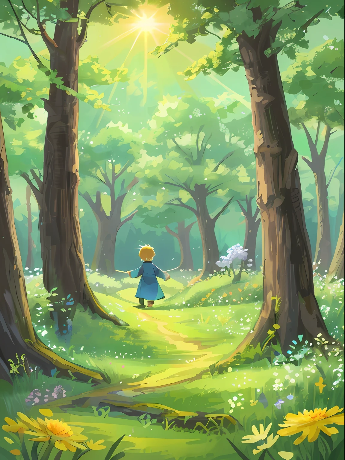 During the first solar term of spring, the earth begins to awaken and the grass and trees begin to sprout. The sun is shining, the grass is green on the grassland, the flowers are slowly blooming due to the sunlight, noise illustration, Chinese elements, with good particle texture, high detail, super detail, super resolution