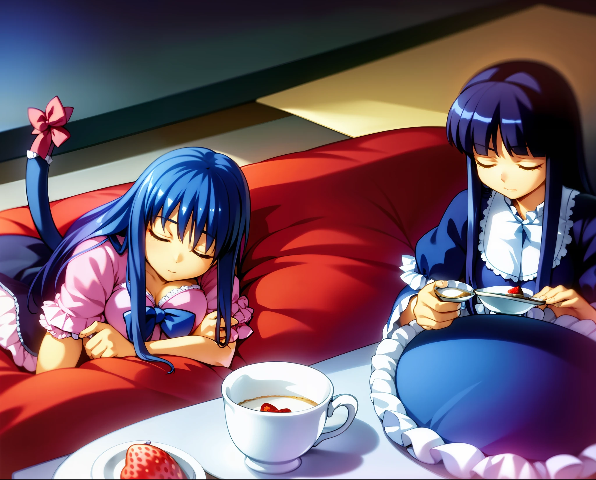 1girl, frederica bernkastel, bed, blue hair, cake, bow, cake slice, cat tail, closed eyes, cup, cushion, food, heart pillow, long hair, mug, pastry, pillow, plate, sitting, solo, strawberry shortcake, tail, tea, teacup, teapot, tiered tray, bikini