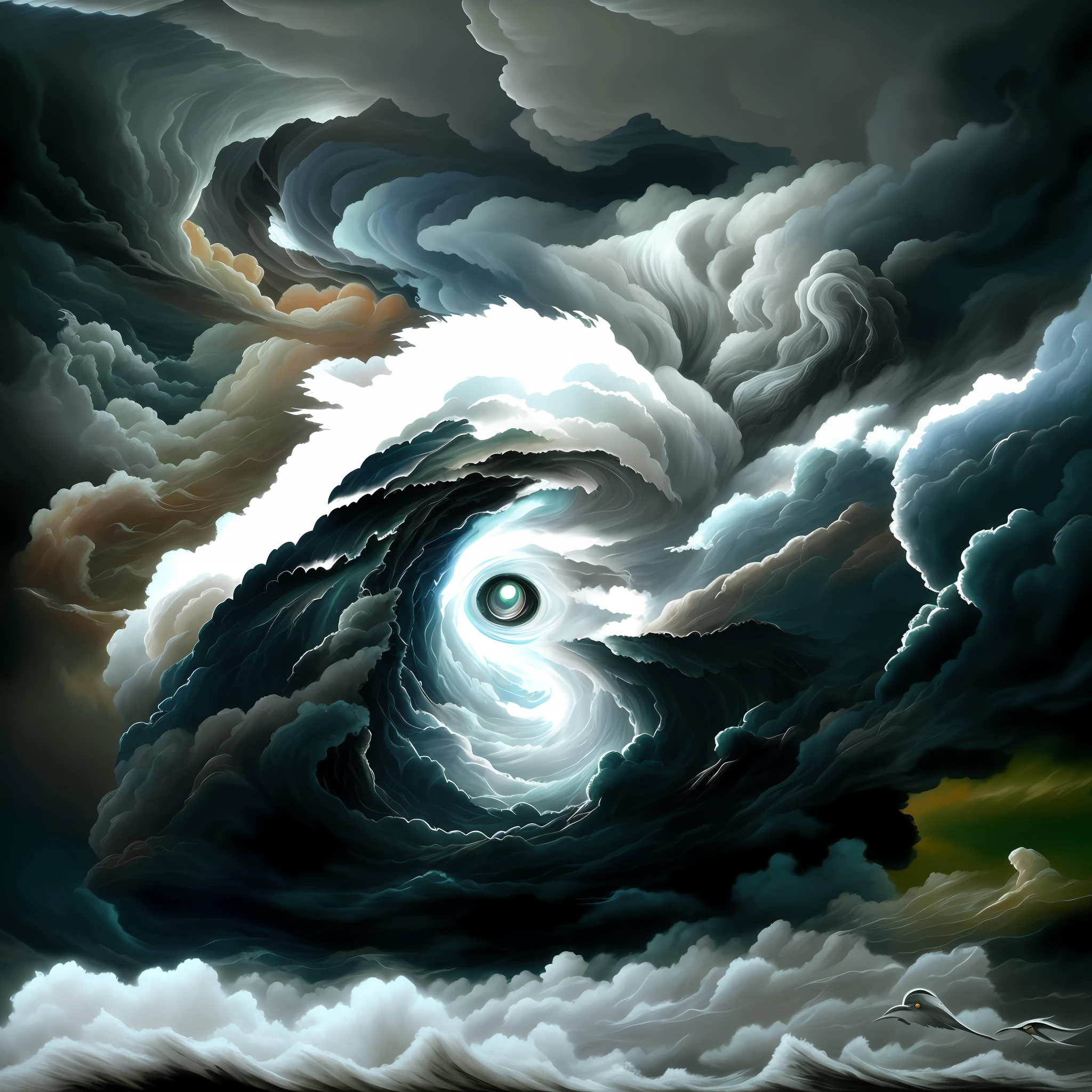 Painting a Big Wave Breaking Into a Dark Ocean, Eye of the Storm, Cloud Vortex, Stylized Storm, Dramatic Rotating Clouds, Storm, Godrays Digital Painting, Highly Detailed Digital Painting, Very Detailed Digital Painting, Surrealist Digital Artwork.