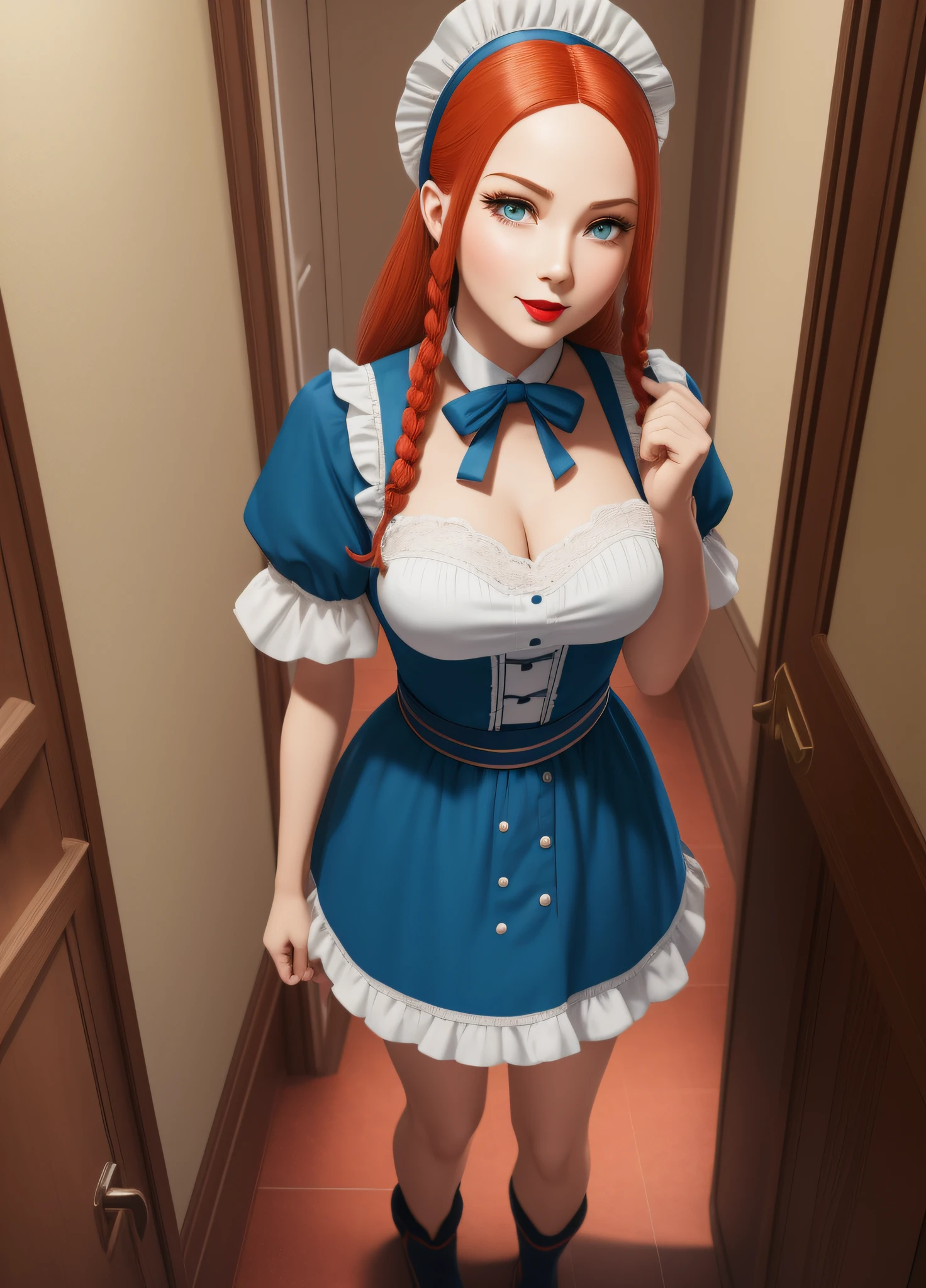 ((Full body photo of a woman dressed as a maid and an old man)). "She has red hair, green eyes, maid's headdress on her head, "he's bald, strong body wearing, he's wearing teddy bear pajamas in blue, he's beside her with his hand on her waist". flushed face heavy makeup on face red lipstick", both are in a hotel room in front of the room exit, anime, anime style, Pixar, 16k, highres, best quality, award winning, textured skin, UHD, masterpiece, retina, anatomically correct