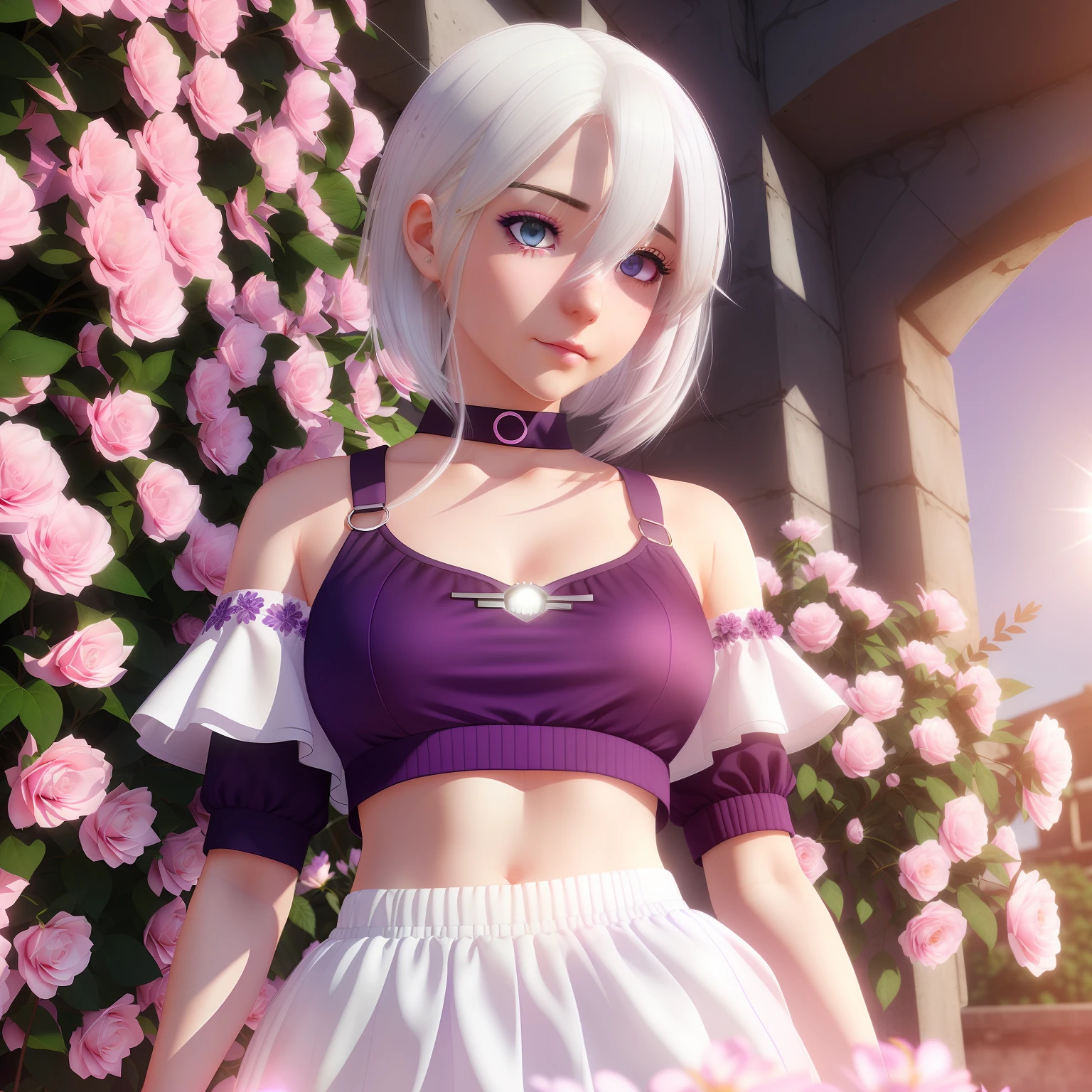 (realistic, 1girl, white hair, purple eyes, glowing eyes, cropped top, skirt, parted lips, blush, night, flowers, sun, sunlight) --auto --s2