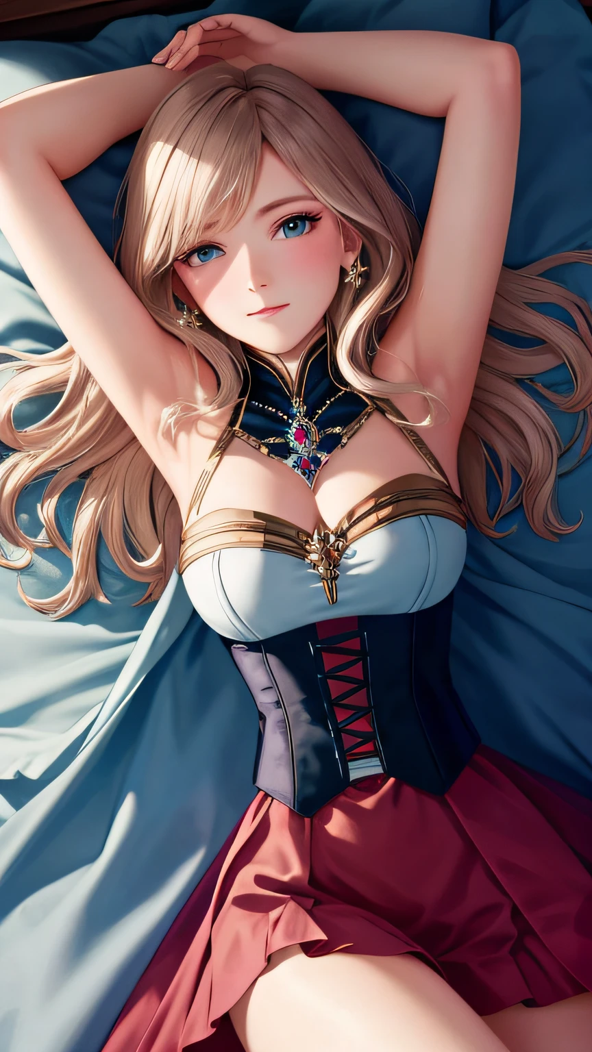 masterpiece, ultra high quality CG, best quality, perfect picture, solo, Ashelia B'nargin Dalmasca, blushing, wearing a sexy royal dress and bustier, arms up, armpit, royal room, belly showing, lying in bed