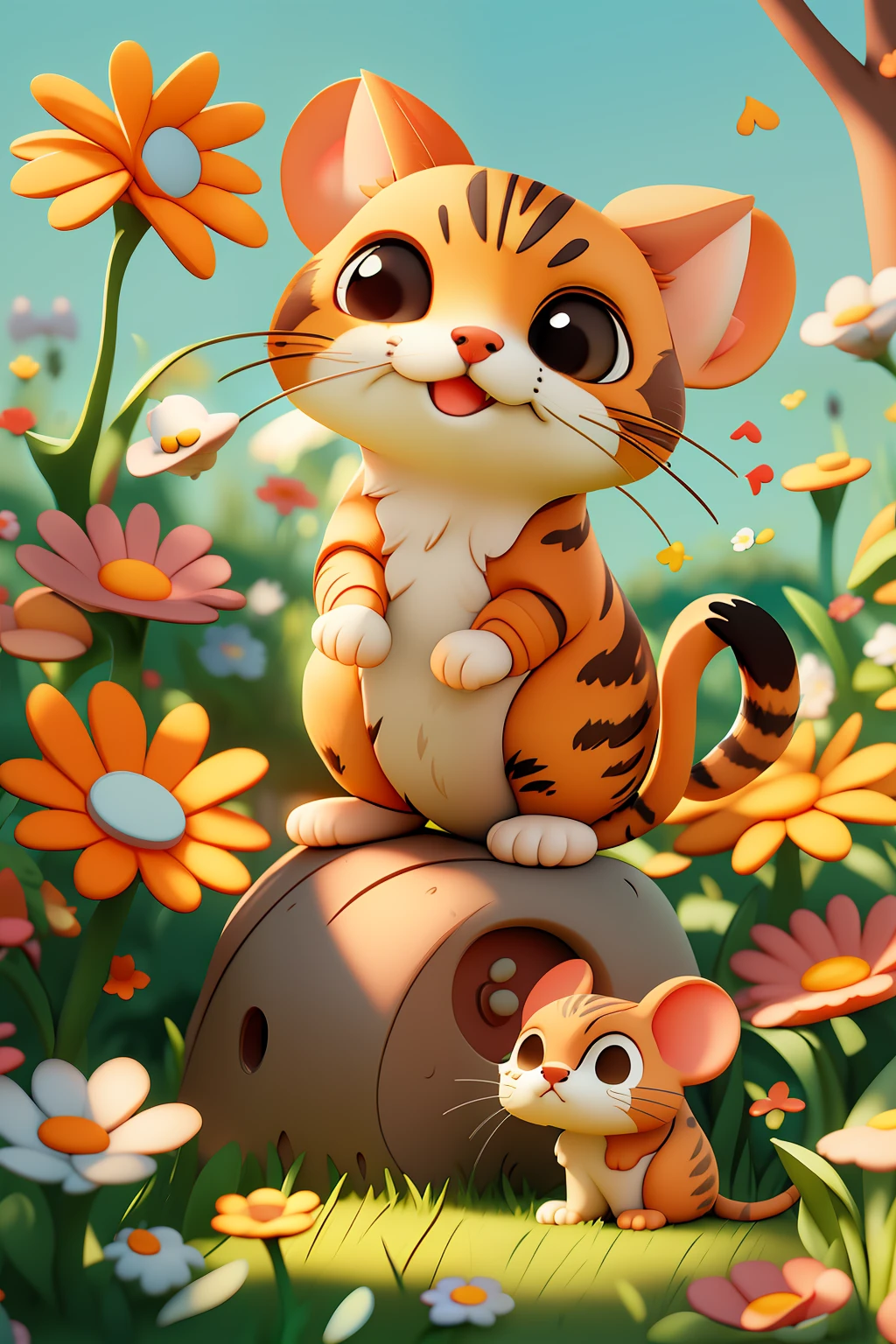 Cartoon style, (Pixar style), a cat playing with a gray mouse without stripes, warm interactive atmosphere, outdoors, park lawn, 3D, Unreal Engine, detailed soft sunlight, brightness, flowers
