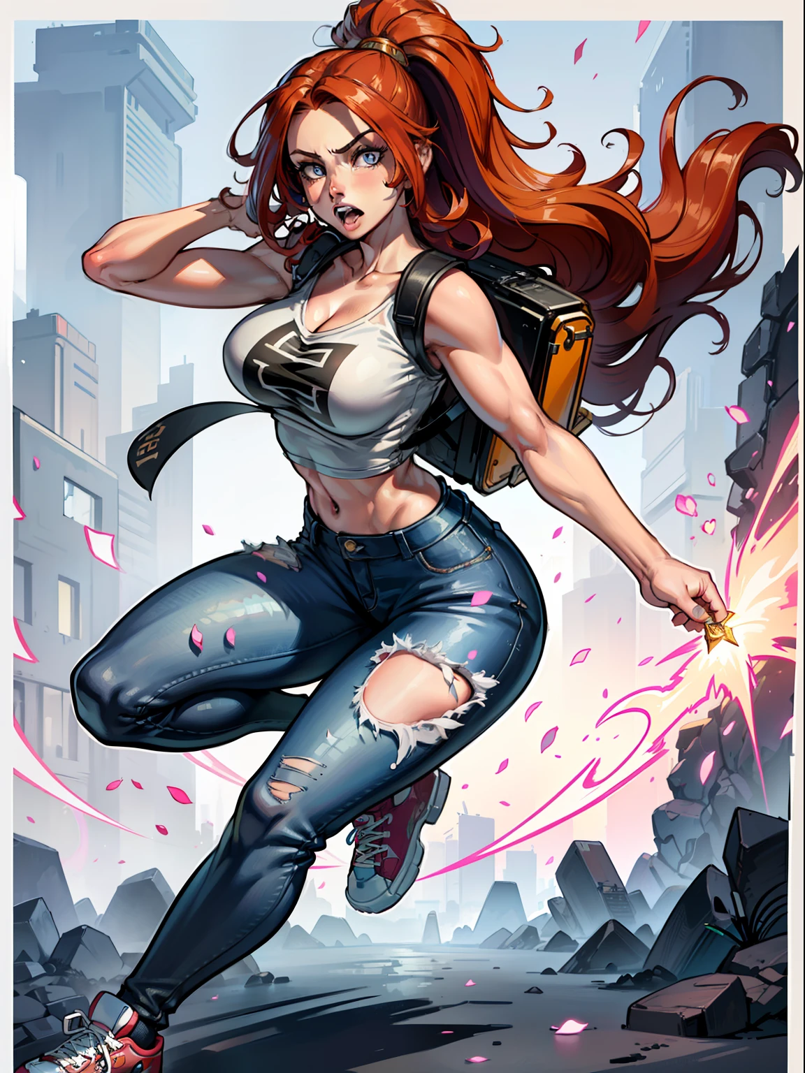 :: JOE MADUREIRA STYLE:: BEAUTIFUL WOMAN perfect and detailed, ultra detailed style clothes with tatoon designs and colors of light pink, black, white and gray, with various full-body attack poses and with immersive effects together with 7  boy, with school clothes and backpack, red hair, innocent and happy, with hover effect,  Graphite style background with vibrant colors "ultra HDR" detailed, focus effect,sneakers all star converse black (masterpiece: 1.2, best quality), (beautiful eyes finely detailed: 1.2), hair extremely detailed, depth of field,shot with Canon EOS,lens 135mm f1.8,portrait of [x]((1Girl Kelly Brook Beautiful Woman )),long hair, straight and bright yellow black,with a natural sheen and stuck like ponytail ((Solo)),  (Ultra Detailed Eyes:1.4), (Finely Detailed Eyes and Detailed Face:1.3),), (With ULTRA DETAILED Jeans and a white t-shirt with full ultra detailed tatoom print:1.3),(Torn outfit), (Beautiful and clear background:1.2), (Extremely detailed CG, Ultra-detailed, Best Shadow:1.1),("" character with his super power in the right fist"")((Depth of field and blur)), ((Watercolor)),  Large breasts, Bare shoulders, Flowers and petals, Beautiful conceptual illustration, (white background:0.5), (Illustration:1.1), (extremely thin and beautiful: 1.1), (perfect details: 1.1) graffiti style background, freedom, screaming very loudly, with angry face releasing too much power, digital illustration, perfect anatomy, centered, approaching perfection, dynamic, highly detailed, watercolor painting, artstation, concept art, smooth, sharp focus,  illustration, perfect anatomy, centered, approaching perfection, dynamic, highly detailed, character sheet, artstation, concept art, smooth, sharp focus, illustration, full body shot, character sheet, lightning wave,