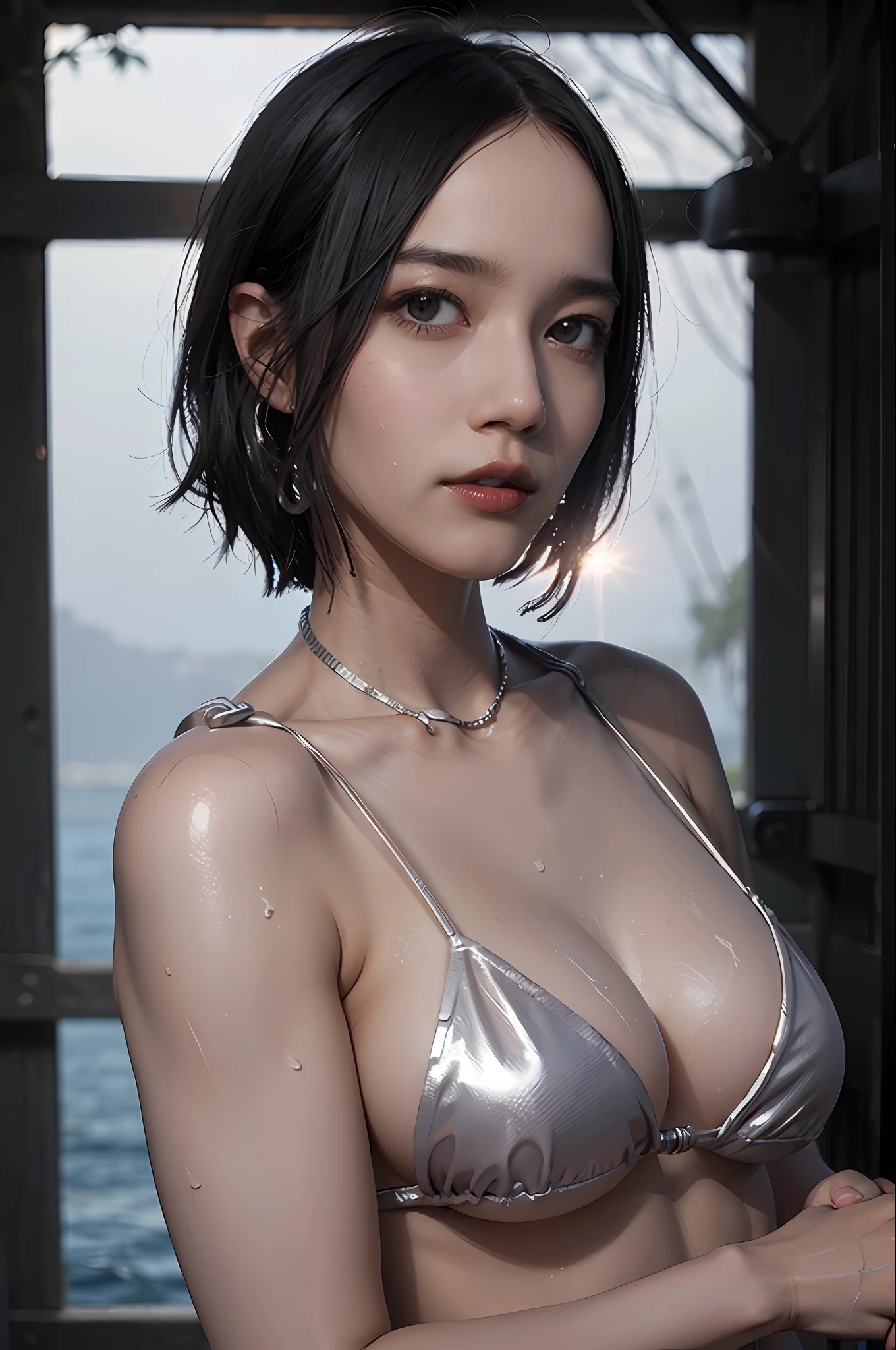Best quality, masterpiece, ultra high res, (photorealistic:1.4), raw photo, 1girl, DARK hair, shiny skin, WET BODY, dramatic lighting, full body, bitch, micro bikini, huge breasts