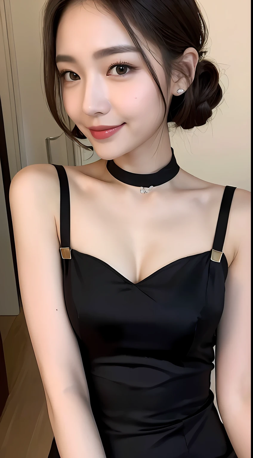 ((Best Quality, 8K, Masterpiece: 1.3)), 1girl, Slim Abs Beauty: 1.3, (Casual hairstyle, Big breasts: 1.2), Dress: 1.1, Super fine face, Delicate eyes, Double eyelids, smile, home, black silk, suspenders