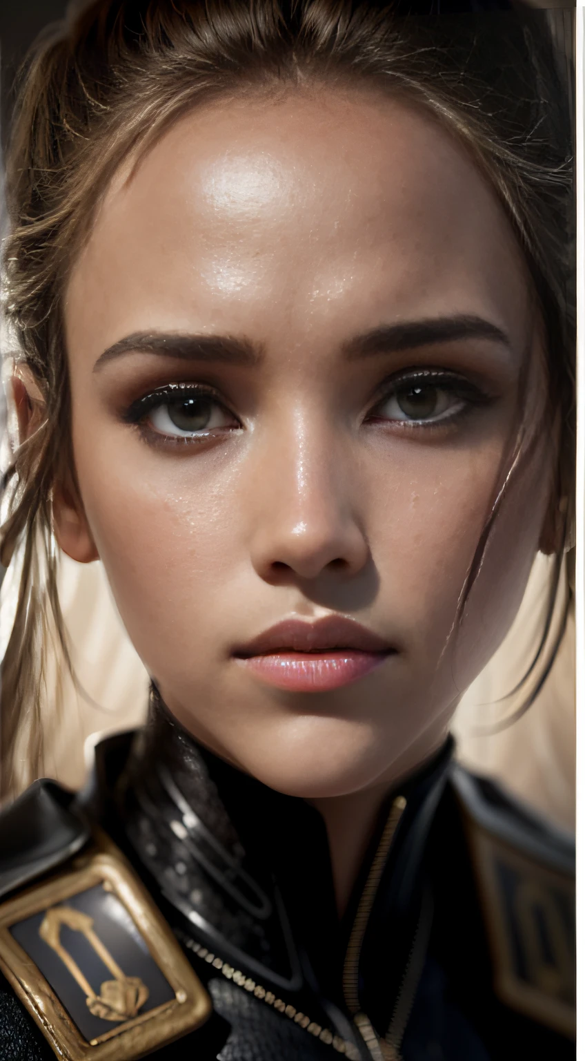 Jessica Alba (High resolution, High Definition + Surrealism: 1.5), (Good results in photographs, Women in uniform, textured skin), (Strong contrast of light and shadow, wandering in war zones, suffering theme, new visual experience)