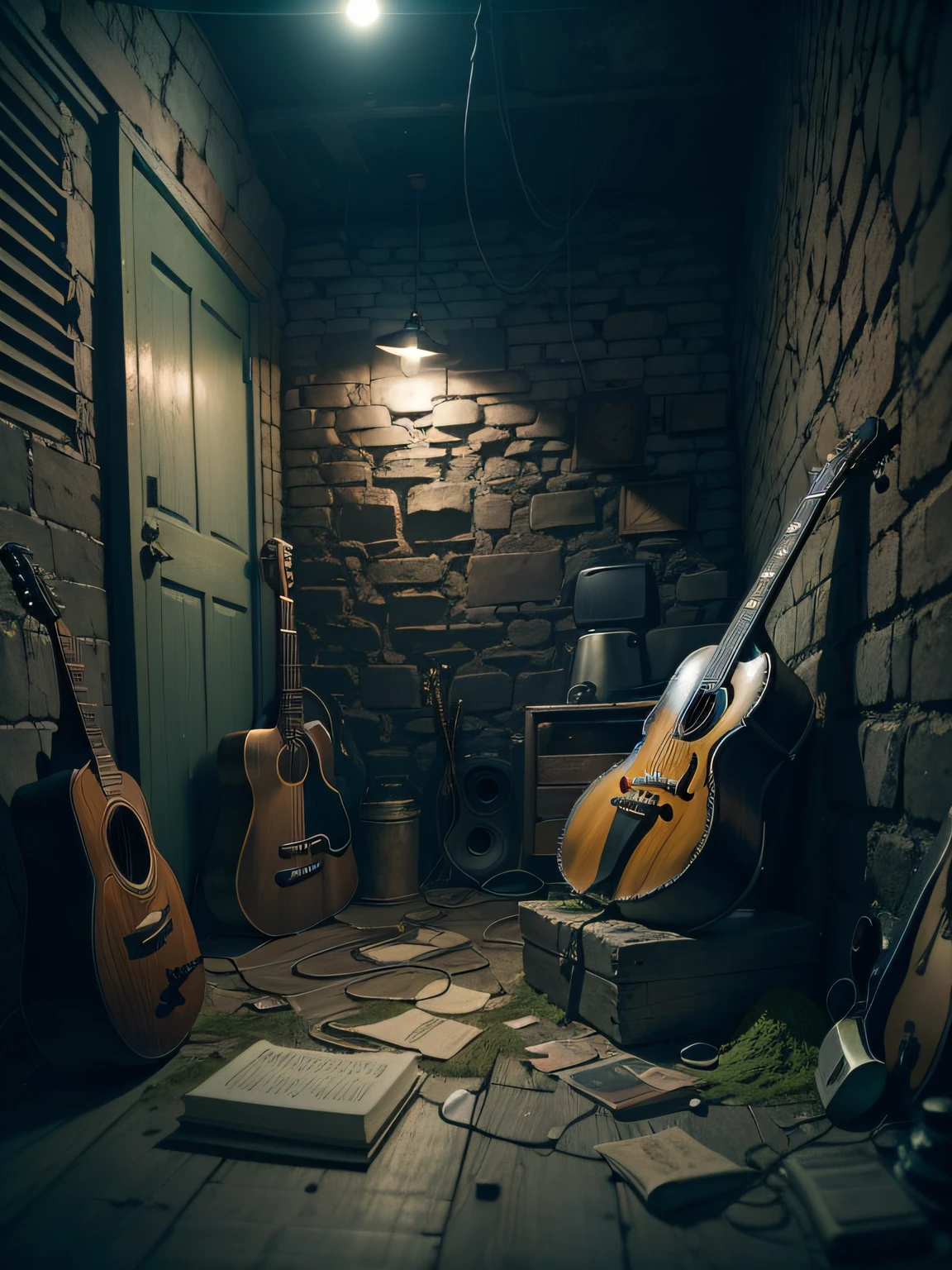 A place where music is made for a small audience, a dilapidated basement, dark light, dark atmosphere, vintage, rustic, moonlight, a guitar leaning on the wall, some fog, stone walls, messy things, etc. in. much, algae and cobwebs, realism, Futurism, 16k